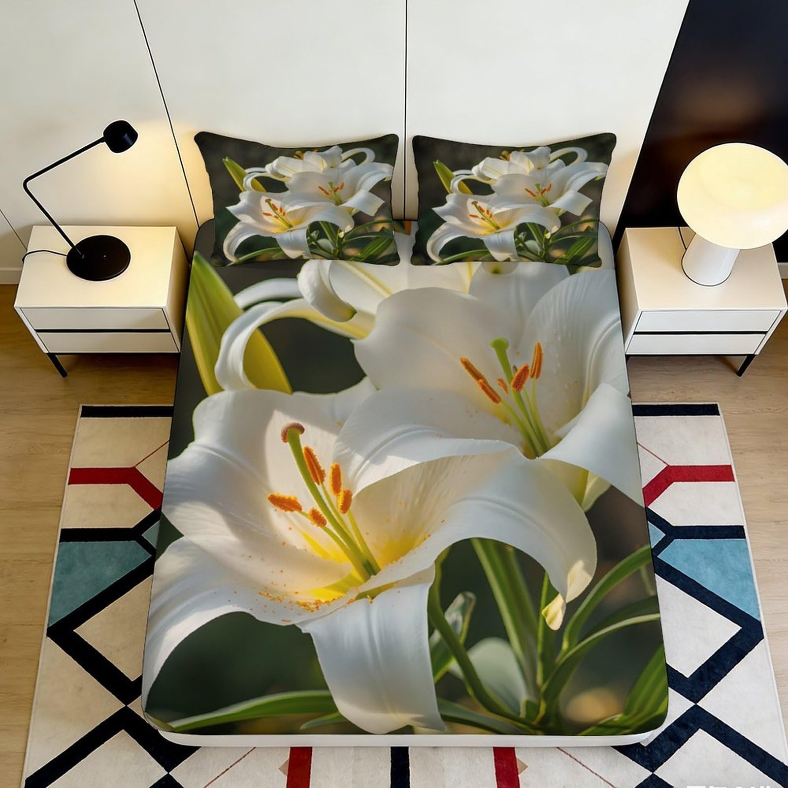 3D Printed Lily Fitted Sheet Microfiber Deep Pocket Non-Slip Bedroom Bedding Lily Mattress Fitted Cover Elastic Hem Washable for Adults 180x200x25cm