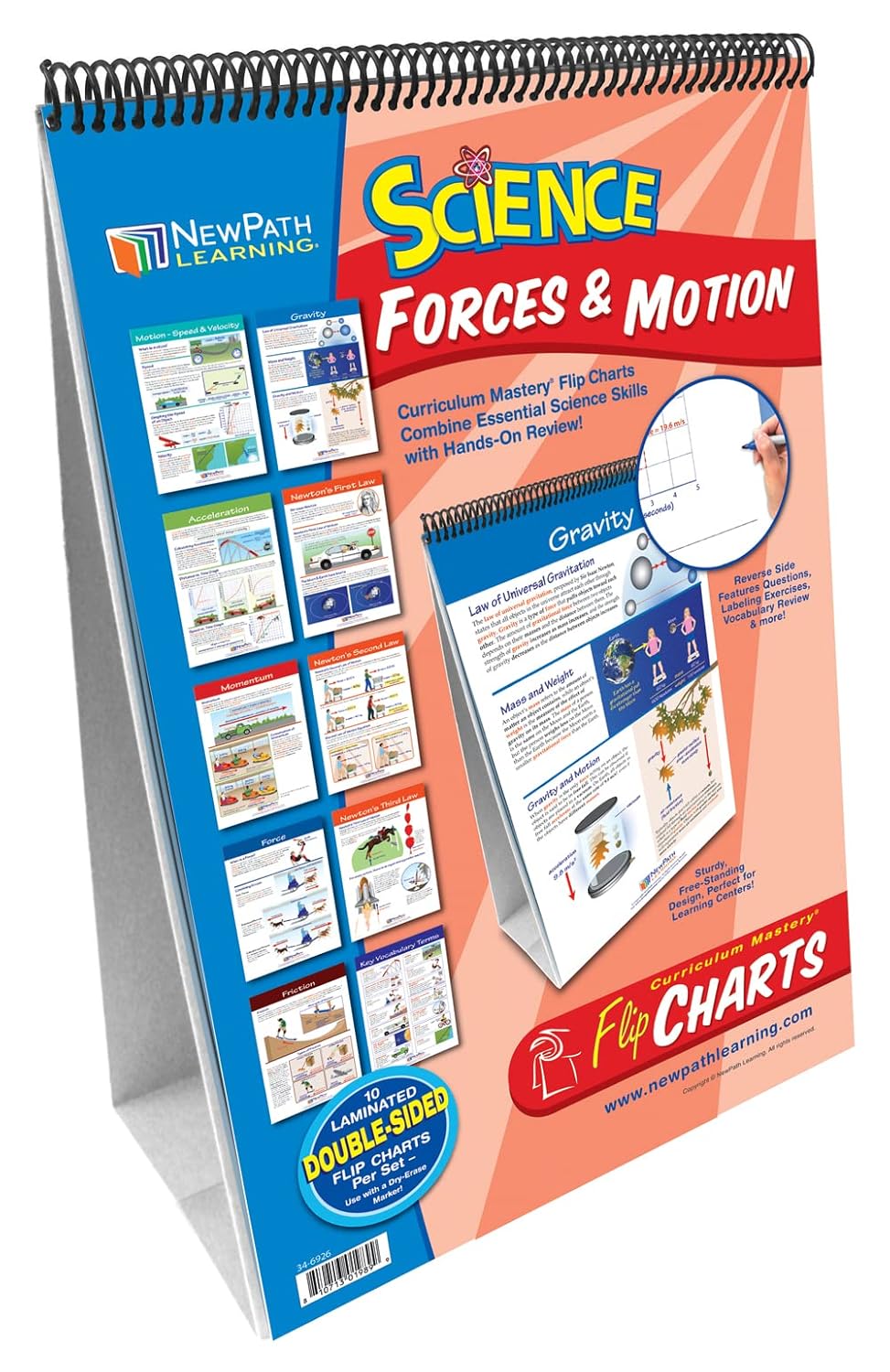 NewPath Learning Forces & Motion Laminated, Double-Sided “Write-On/Wipe-Off” Flip Chart - Set of 10, 12" x 18" Charts (34-6926)