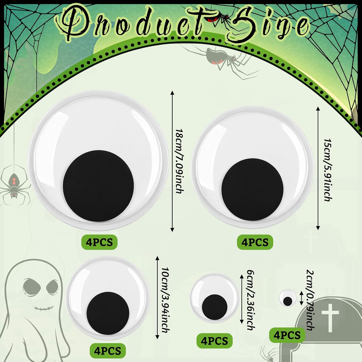 Bucherry 20 Pcs Wiggle Googly Eyes with Self Adhesive and Twisted Rope Large Plastic Spooky Eyes for DIY Crafts Shrubs Halloween Party Decoration, 7.09", 5.91", 3.94", 2.36", 0.79"