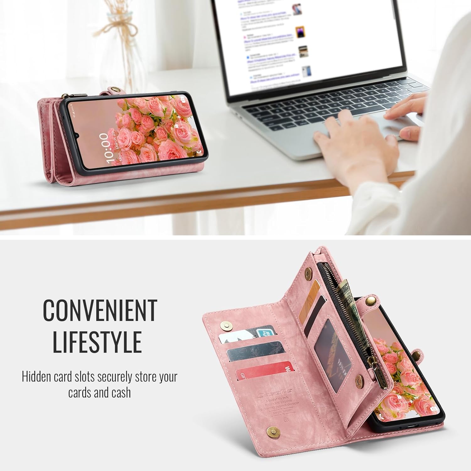 Kowauri Wallet Case for Samsung Galaxy A16 5G, Zipper Purse Folio Leather Wallet with Card Holder Wrist Strap Detachable Magnetic Shockproof Protective Back Case for Samsung Galaxy A16 5G (Pink)