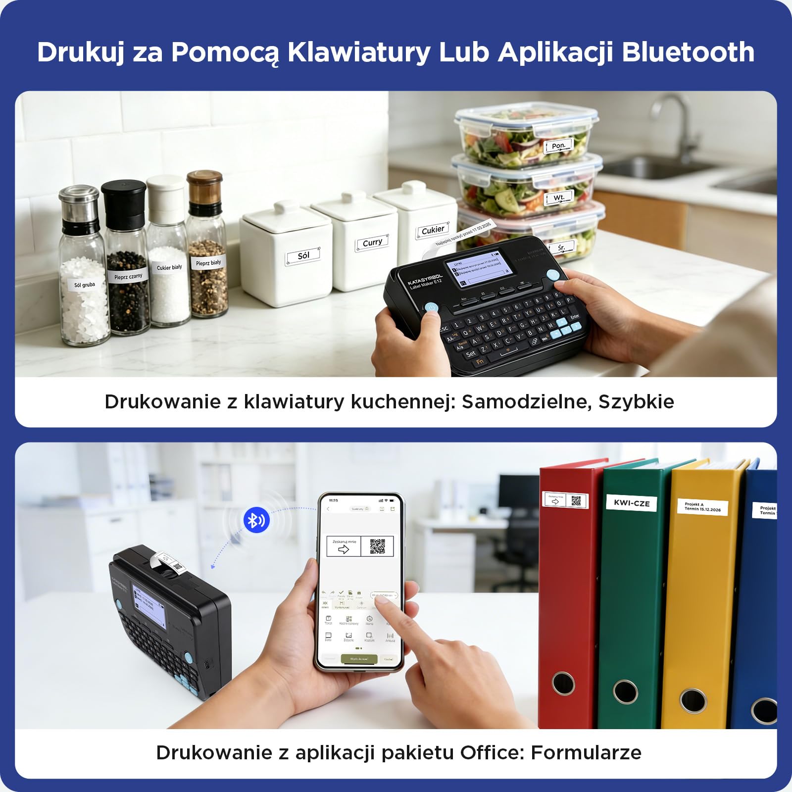SUPVAN E12 Drukarka Etykiet Z Klawiaturą QWERTY & 4 Rolki Etykiet, Czarna | Aplikacja z 660+ Ikonami, 50+ Ramkami & 30+ Czcionkami, Akumulator 1200mAh, Podświetlany Wyświetlacz, do Szkoły, Biura & Domu