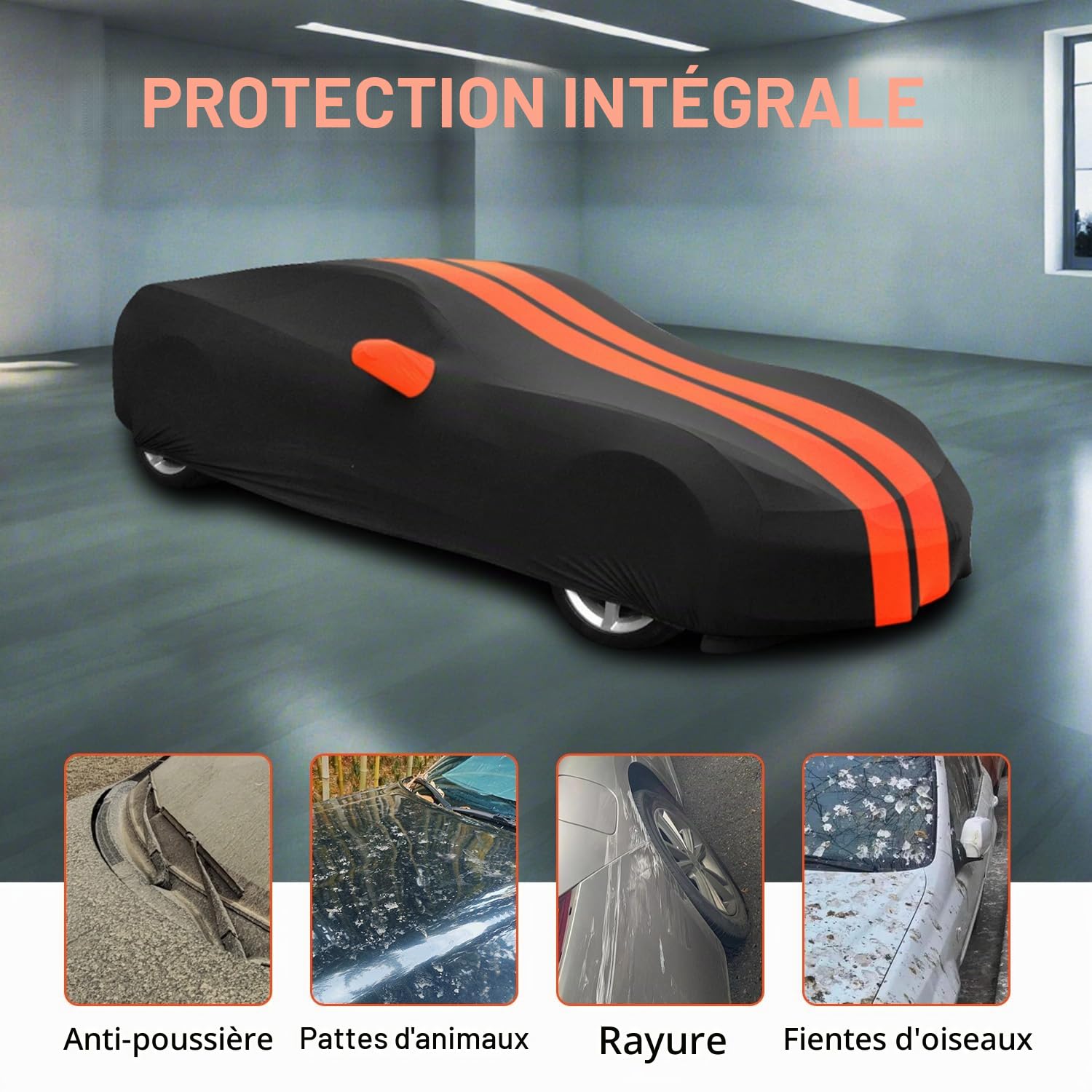 TECTICO Bache Housse Voiture Intérieur de Sport 4,2-4,6m,Élastique Respirante Souple Anti Rayure Protection Complète pour Garage Indoor Auto Show, Noir+Orange