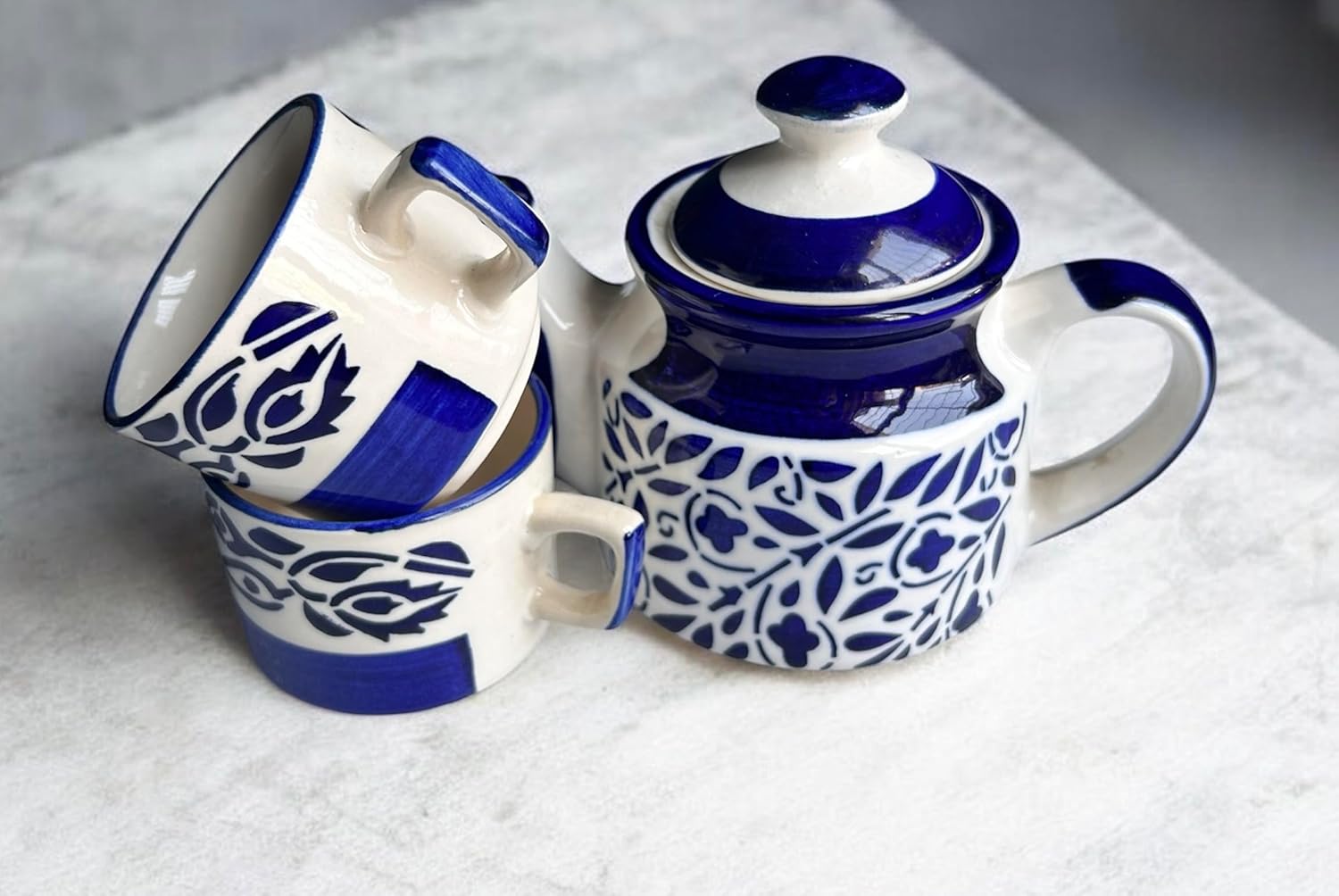 Handmade Blue and White Stoneware Tea Set with Lid, Artisan Hand-Painted Ceramic Teapot and Cups, Premium Rustic Pottery for Home Gift Farmhouse Kitchen Décor