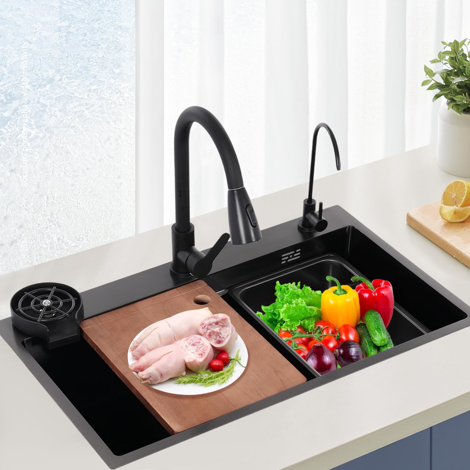 MINRS Évier de cuisine noir avec robinet, 75 x 45 cm, encastrable avec lave-vaisselle à tasses, planche à découper et égouttoir, 1 bac avec trois modes de sortie d'eau