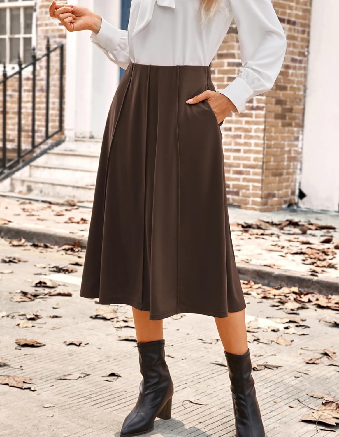 Kate Kasin Women's Pleated Midi Skirt 2025 Fall High Waisted Knee Length Flowy A Line Swing Casual Flared Skirts with Pockets - Image 3