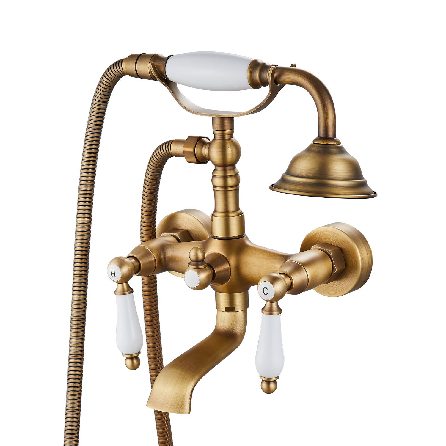 Airuida Wall Mount Bathtub Shower Faucet Kit with Telephone Shaped Handheld Sprayer Double Hot and Cold Water Mixer Tap Wall Mounted Tub Filler Set Vintage Style Lever Handles Antique Brass