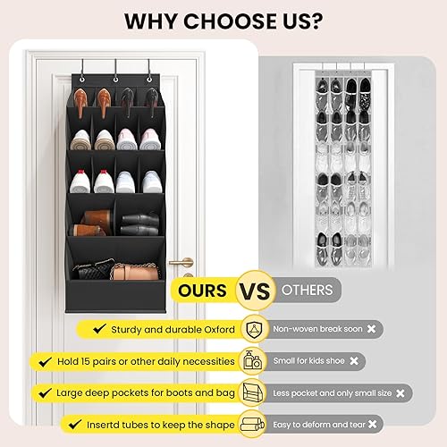 Miniatura 7 de Organizador de zapatos sobre la puerta con grandes bolsillos profundos, zapatero para puerta de armarios, zapatero colgante para organizadores de