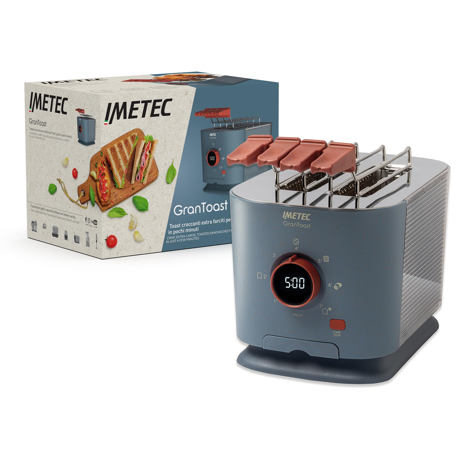 Imetec Grantoast - Tostapane 2 Fette XL con Pinze Apribili per Toast Farciti - 7 Livelli Doratura, Facile Pulizia, Display LED, Griglia Scalda Brioche, Pizzette e Focacce, Timer Digitale, Acciaio Inox
