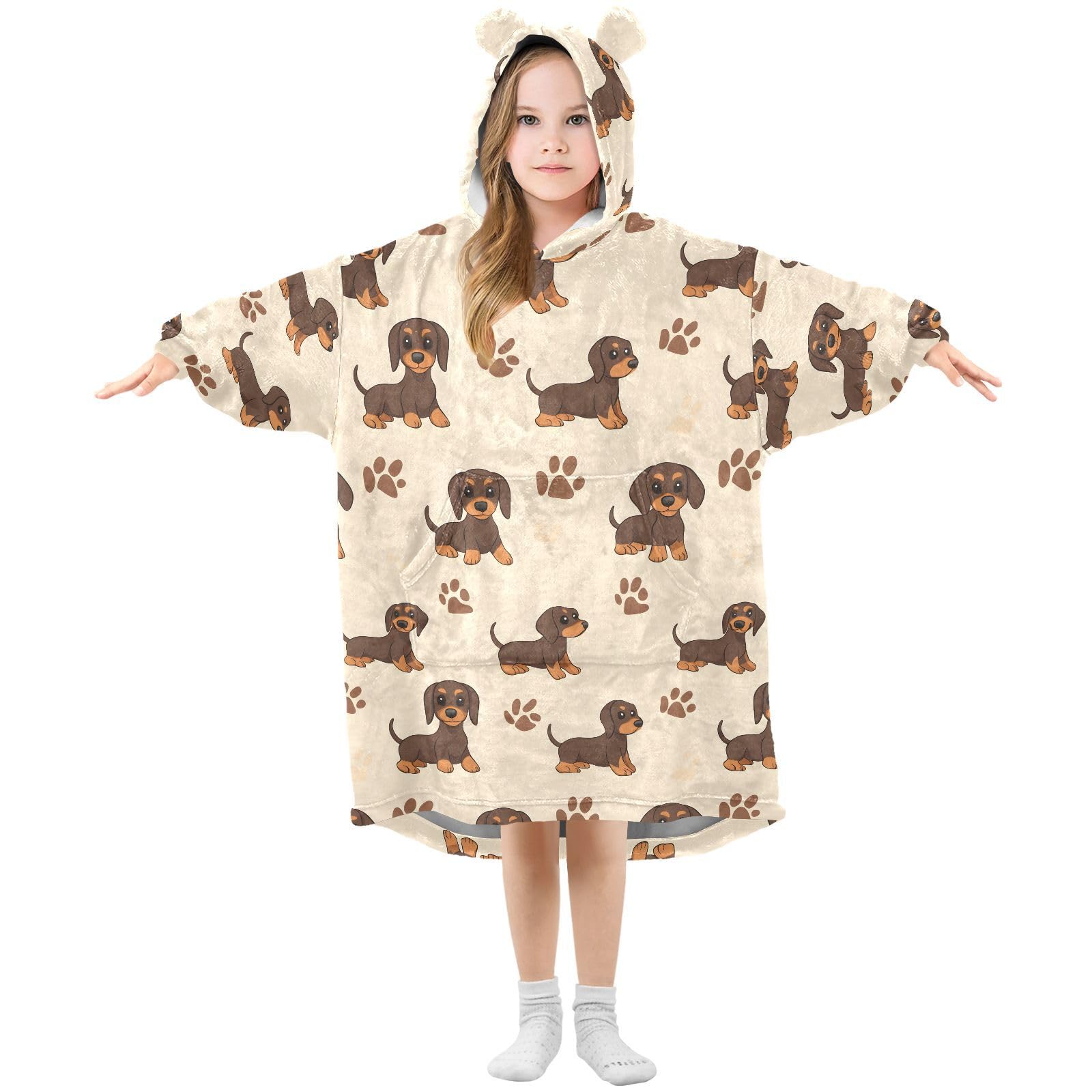 Oversized Blanket Hoodie for Kids Adult Girls Boys, Fleece Hoodie Blanket Dachshund Dog Brown Dog Warm Plush Wearable Blanket Hoodie Sweatshirt with Roomy Pocket, Large