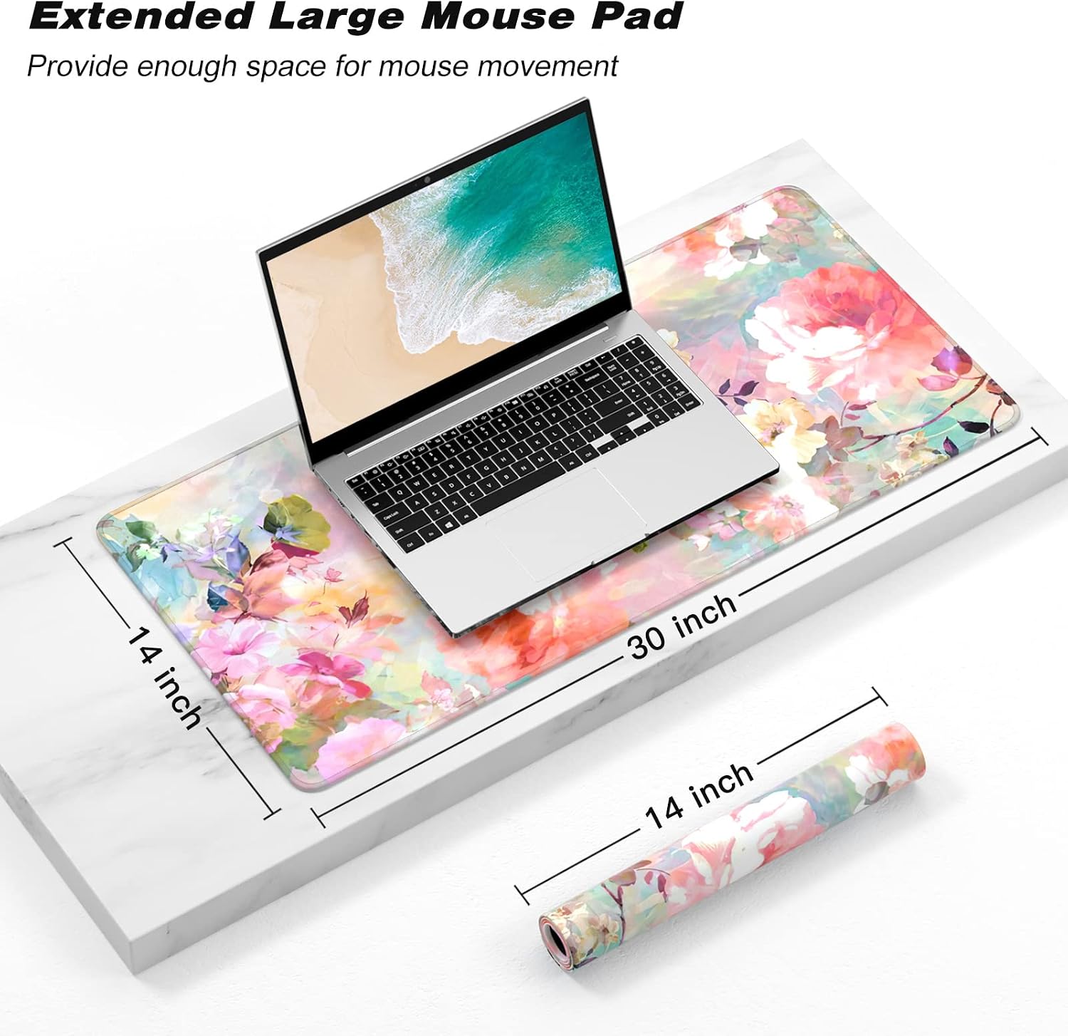 Extended Gaming Mouse Pad, XXL Large Desk Pad 30 x 14 Inch, Big Computer Keyboard Mousepad, Waterproof Mouse Mat with Stitched Edges and Non-Slip Base for Women Office Gaming, Flower image 2