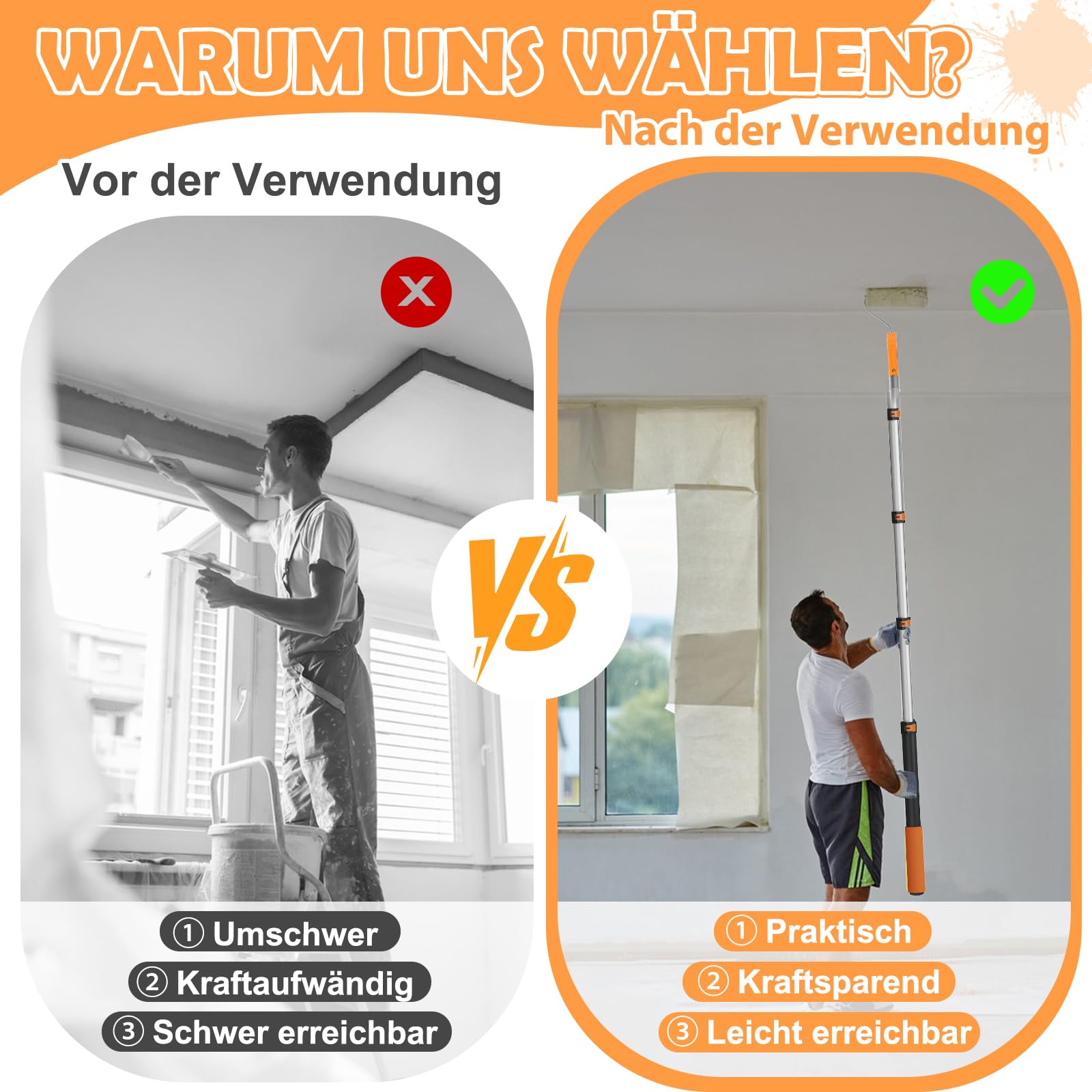 LAANPOLE Farbroller Set mit 1,3m Teleskopstiel, 27-teiliges Malerset, 23cm 10cm Malerrolle, Pinsel für Wände, Mikrofaser-Lackierwalze für professionelle Malerarbeiten, Orange
