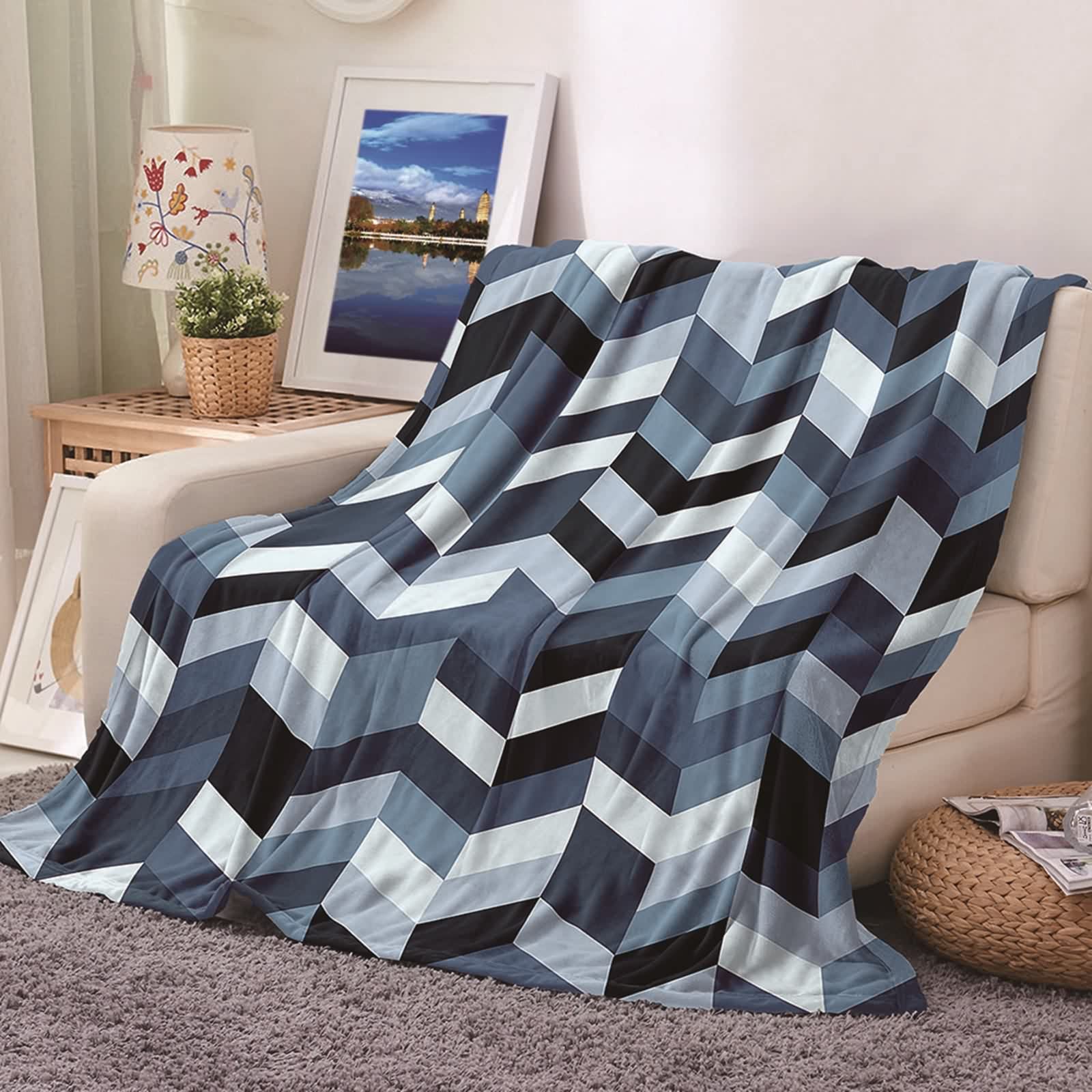 Couverture plaid flannel KnSam 180x200cm géométrique gris noir
