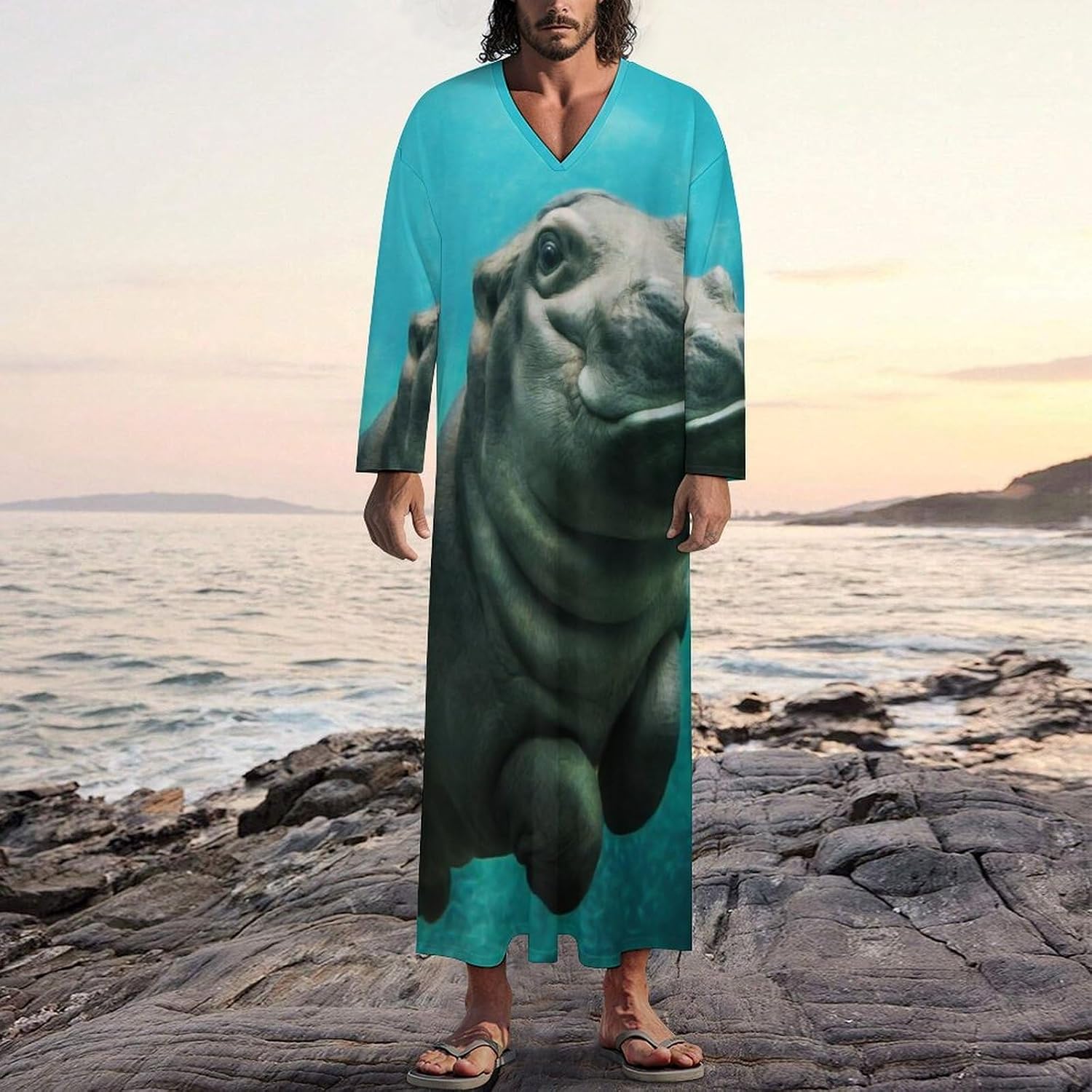 Funny Hippo Men's Kaftan Thobe Long Sleeve Robe V Neck Casual Gown