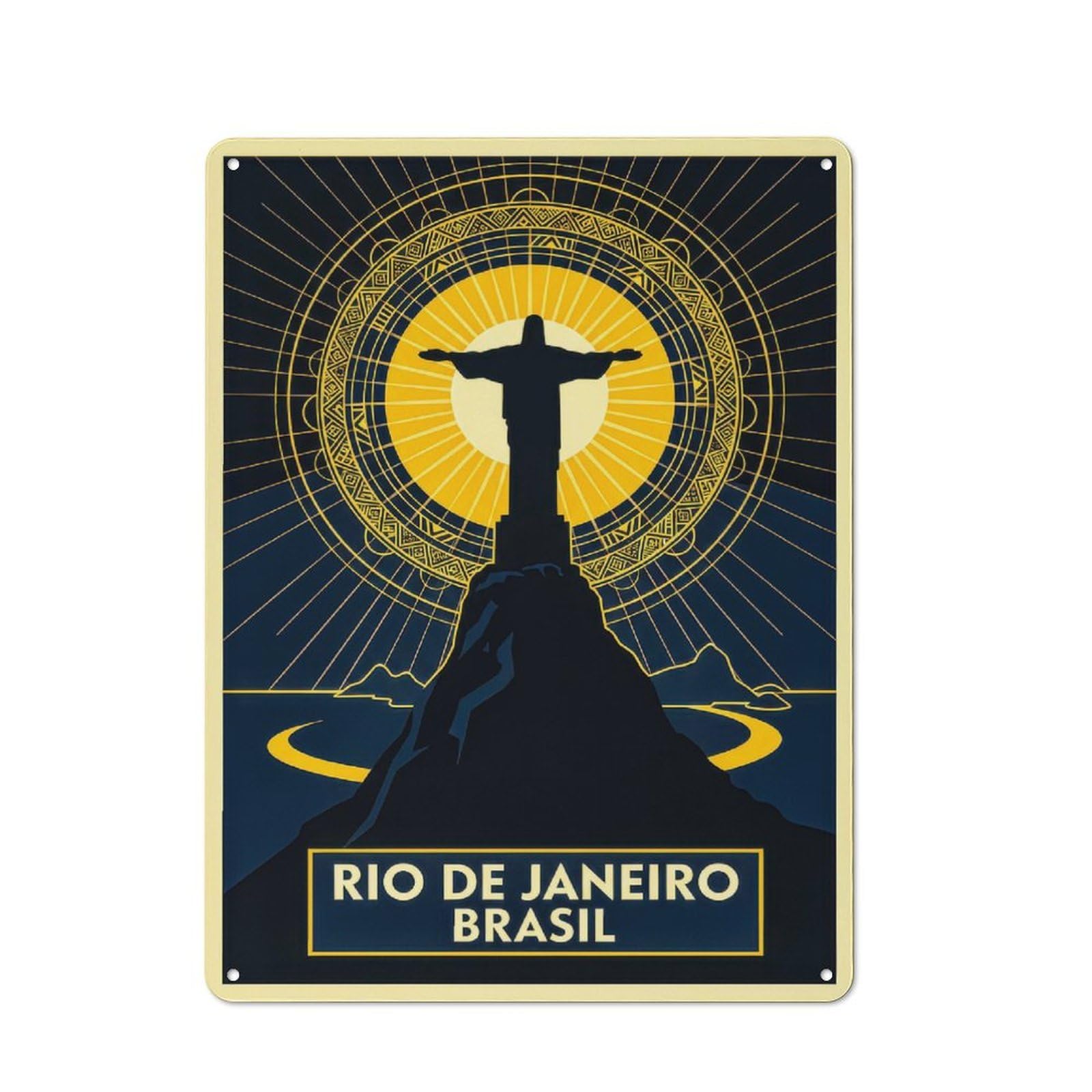 Junmoney Style-22 Tin Wall Plaque 40X30cm With Art Deco Christ The Redeemer, Rio De Janeiro For Hallway Wall, A Decorative Metal Sign For Hallways And Entrance Areas
