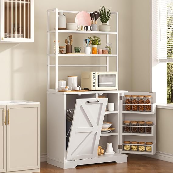 Kitchen Bakers Rack with Storage, 68'' Tall 6 Tier Farmhouse Pantry Cabinet with Trash Bin Cabinet, Microwave Stand Kitchen Cabinet with Hutch,White
