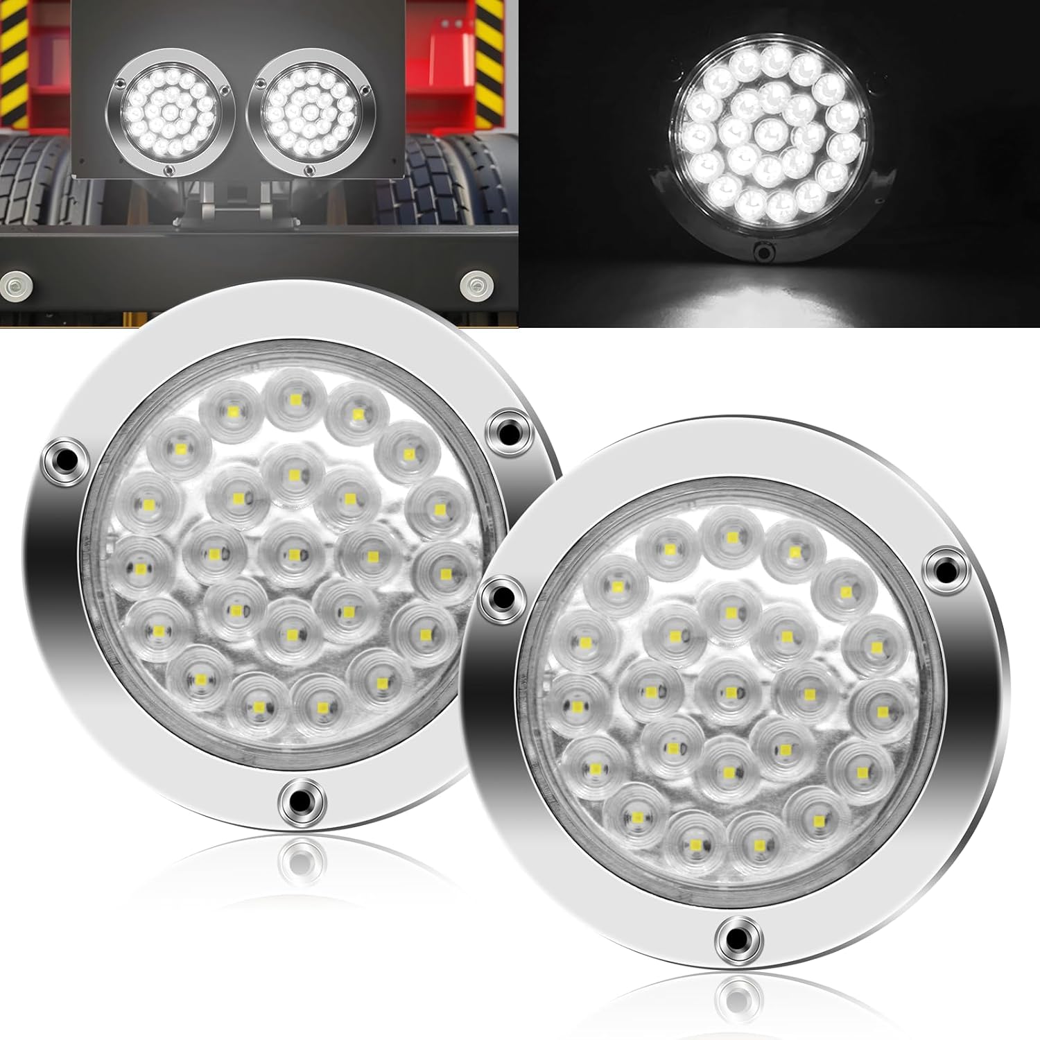 4 Inches Round 24 LED Trailer Tail Light, Trailer Reverse Backup Lights,（only DC 24V） Sealed Waterproof led Reverse Fog Lights Compatible with Trucks RV, Chrome Bezel, 2Pcs