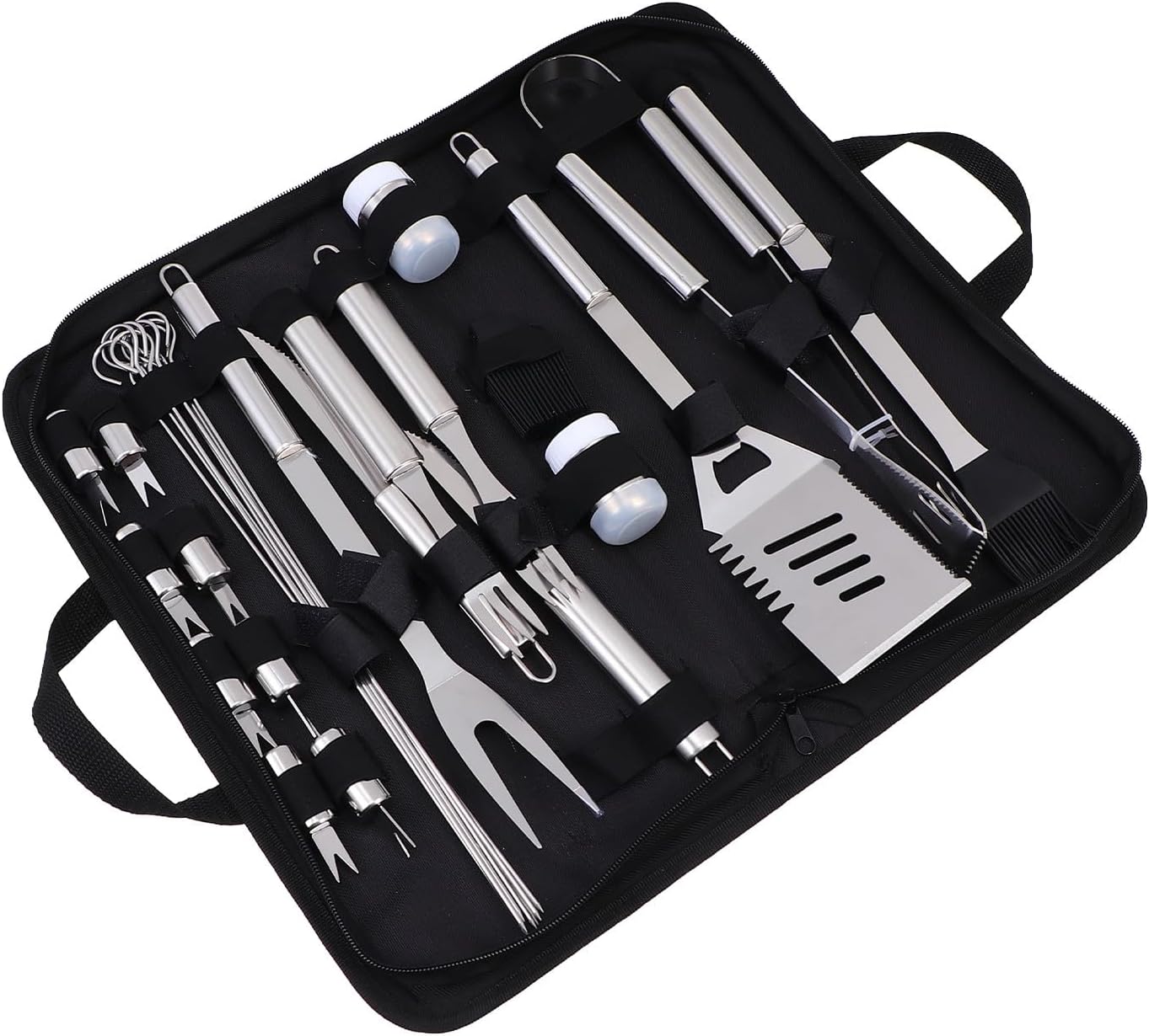 Stainless Steel BBQ Tools Set with 27 Pieces, Portable Outdoor Barbecue Utensils Kit in Oxford Cloth Bag for Camping and Backyard Grilling
