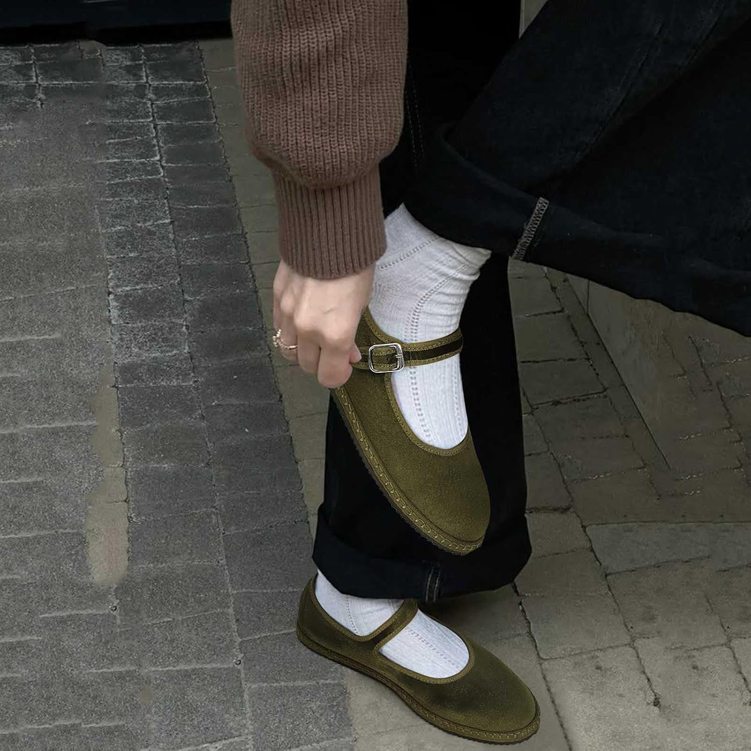 ZJGZF Green Velvet Ballet Flats for Women Suede Round Toe Cute Mary Jane Flats Slip On Casual Cute Dressy Comfortable Ballerina Shoes - Image 2