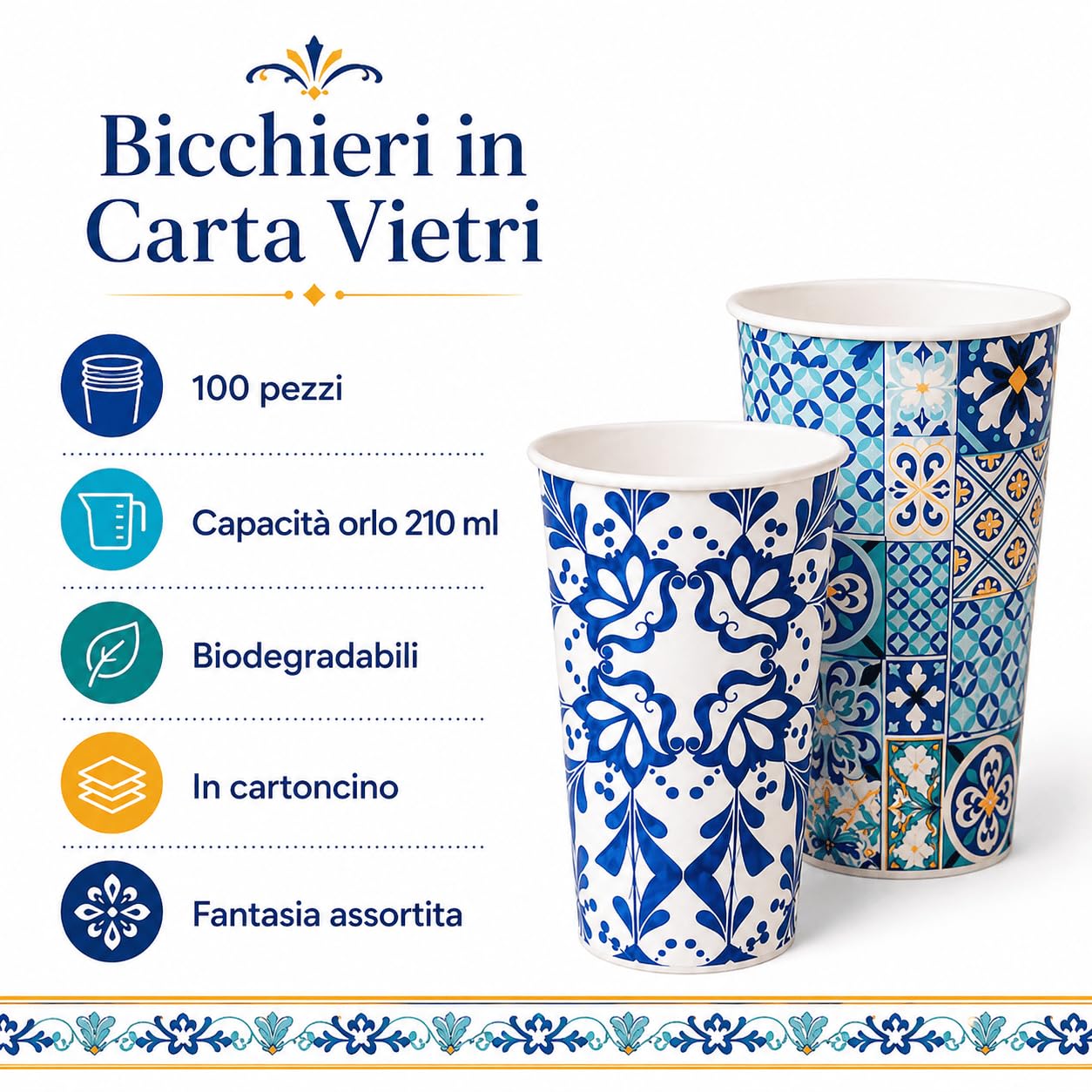 Bicchieri in Carta per Acqua capacità orlo 180ml/210ml Colore Bianco Azzurro Rosso Rosa biodegradabili cartoncino (Vietri, 100 pz 210ml)