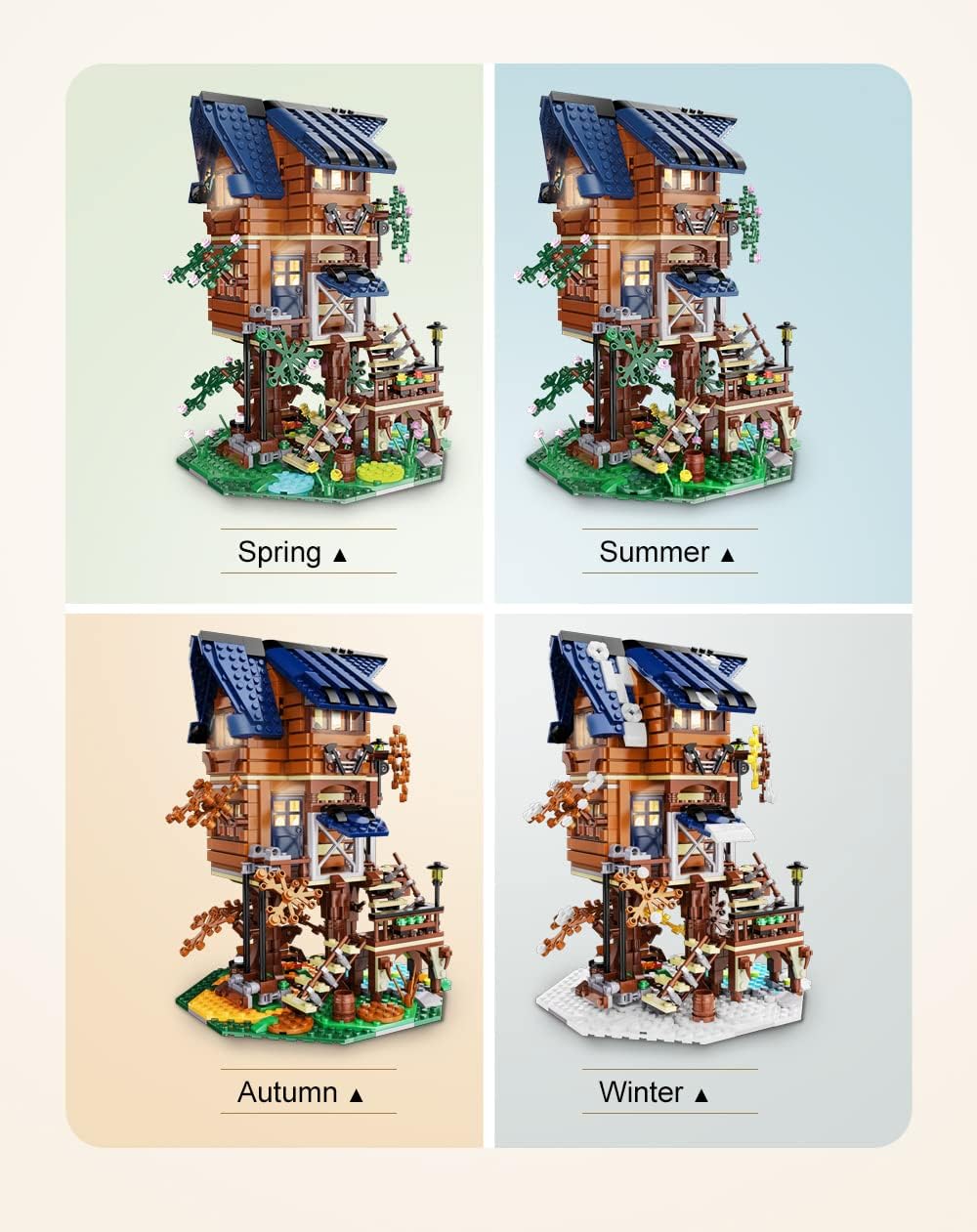 Four images of the CaDA Tree House, each depicting a different season: Spring, Summer, Autumn, and Winter