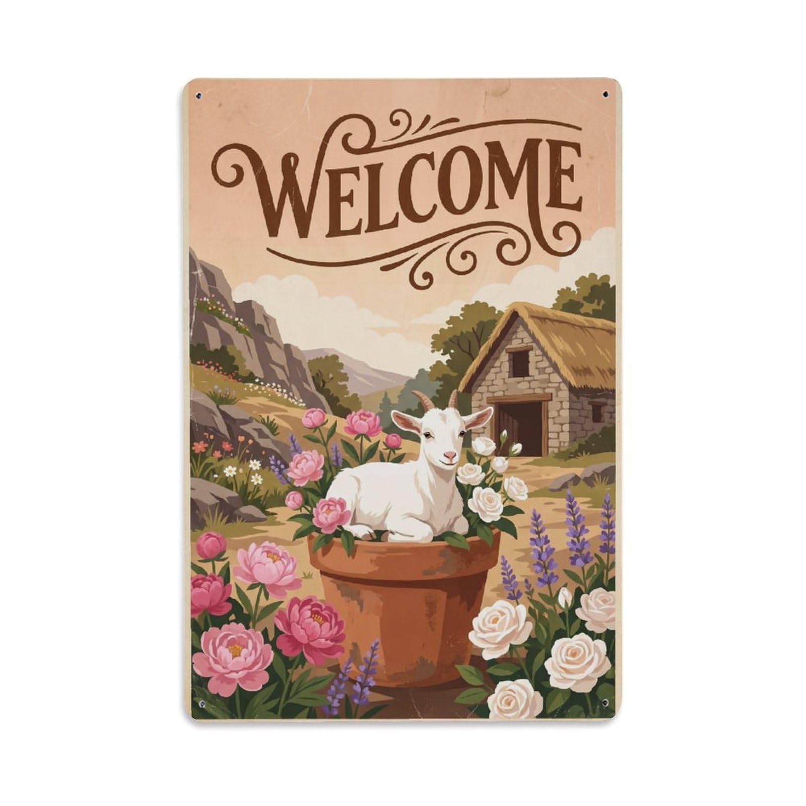 Cxhjca 8X12inch(20X30cm) Vintage Welcome Goat Morning Dew Metal Tin Sign