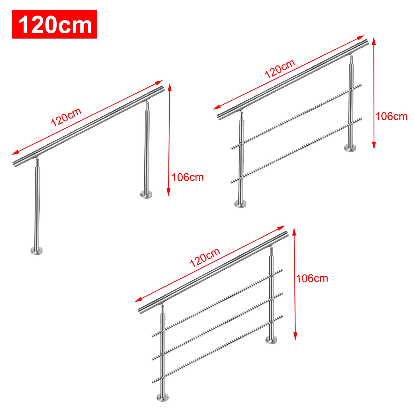 Aufun Poręcz ze stali nierdzewnej, 120 cm, poręcz schodowa do wewnątrz i na zewnątrz, z 2 słupkami, do schodów, balustrady, na balkon (120 cm, 2 poprzeczki)