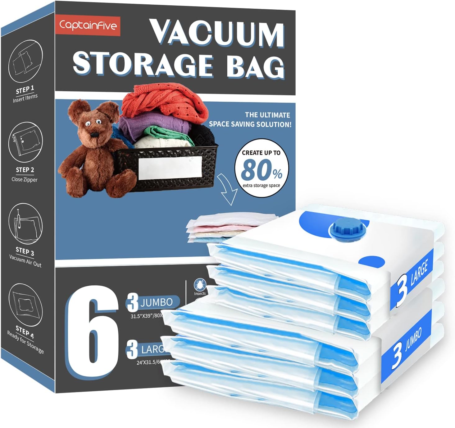 CaptainFive Vacuum Storage Bags 6 Pack（3 Jumbo + 3 Large）Reusable