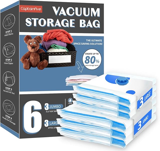 CaptainFive Vacuum Storage Bags 6 Pack3 Jumbo + 3 LargeReusable Vacuum Bags for Clothes, Duvets, Bedding, Pillows, Vacuum Seal Bags for Home Organization, Moving and Storage