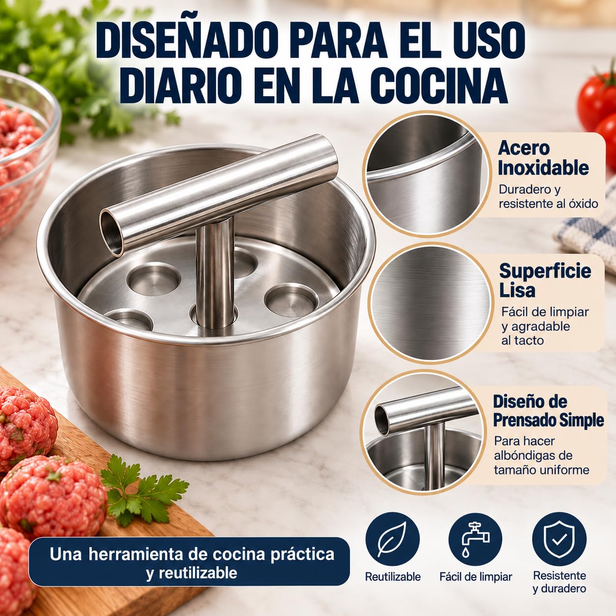 Molde para Albóndigas de Acero Inoxidable, Formador Manual para Carne，6 Grids