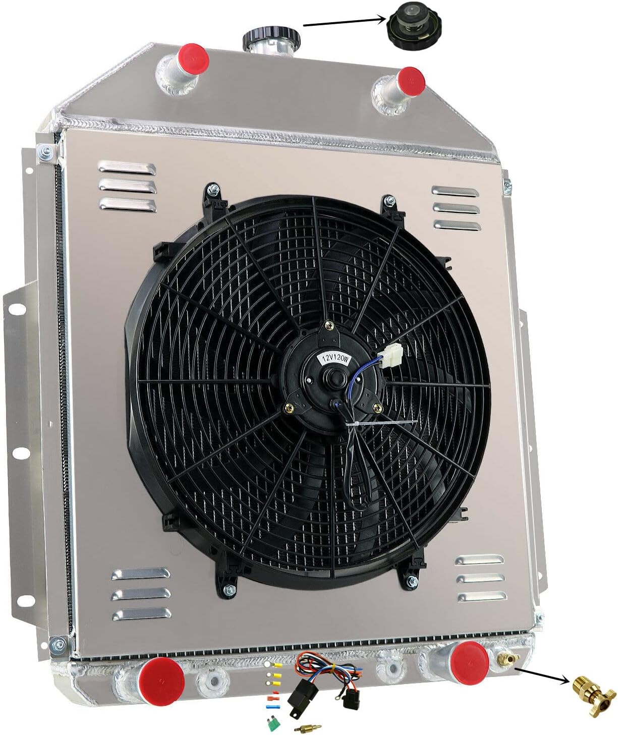 4 Row Aluminum Radiator for 1942-47 Ford 1 Ton Pickup/1/2 Ton Pickup/3/4 Ton Pickup Radiador for 48-52 F1/F2/F3/F4 V8 GAS Radiators Shroud 1x16" Fans Thermostat Relay Kit 43 44 45 46 49 50 52