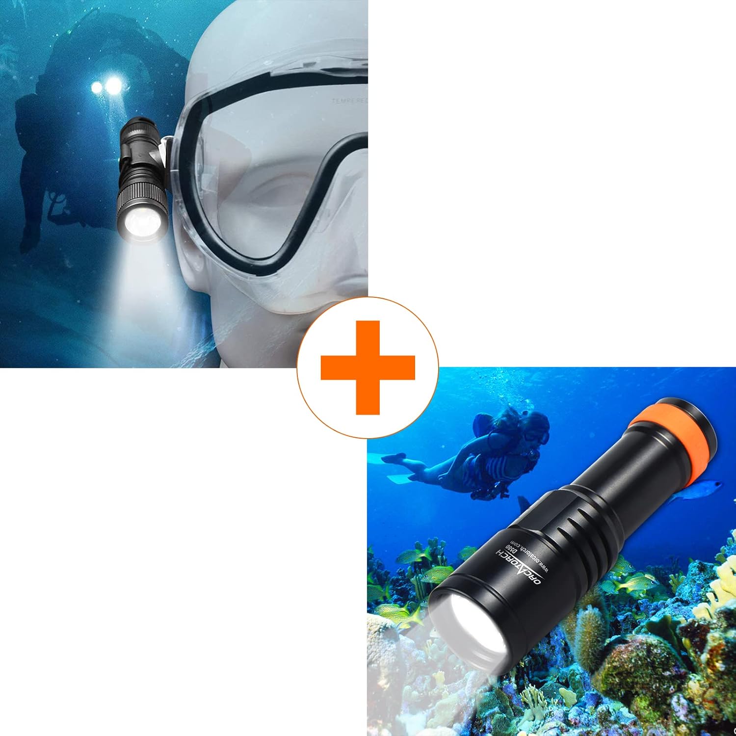 ORCATORCH D560 Dive Light Headlamp Kit with 360 Degrees Rotatable Mask Clip & ORCATORCH D580 Dive Light Kit with Twist Switch Bundle