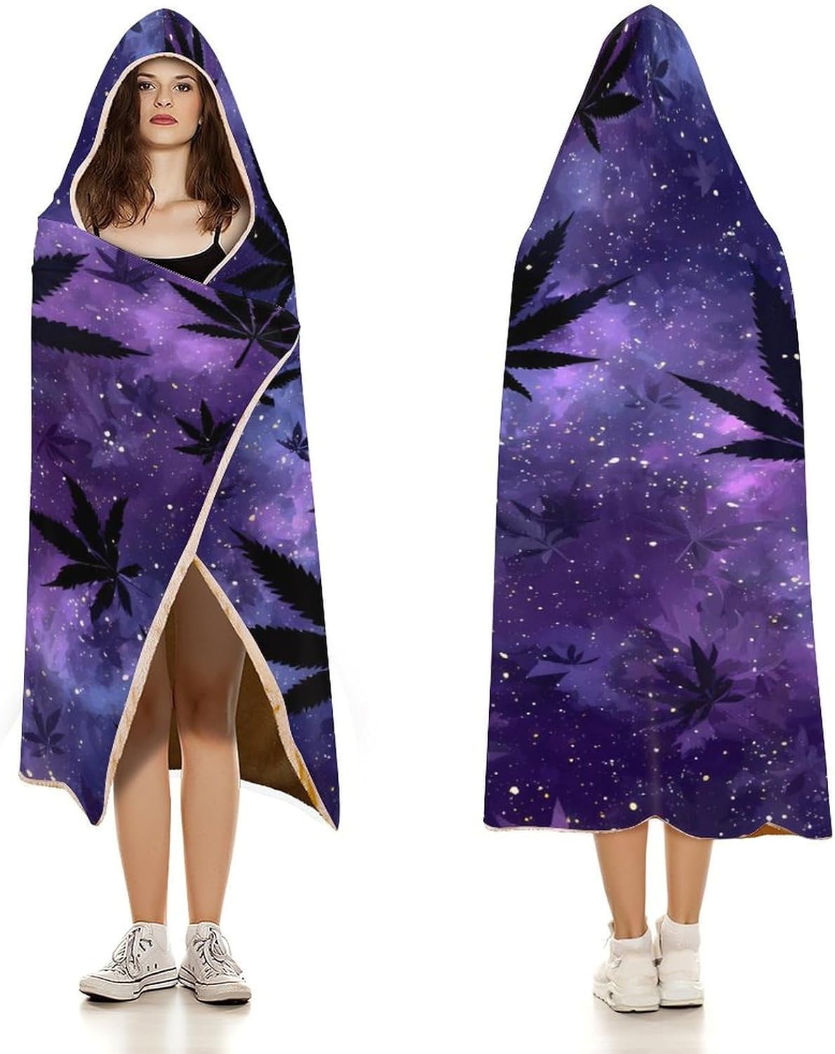 Galaxy Weed Leaf Wearable Blanket Oversized Throw Cape | Cozy Hooded Blanket Gifts for Women Men