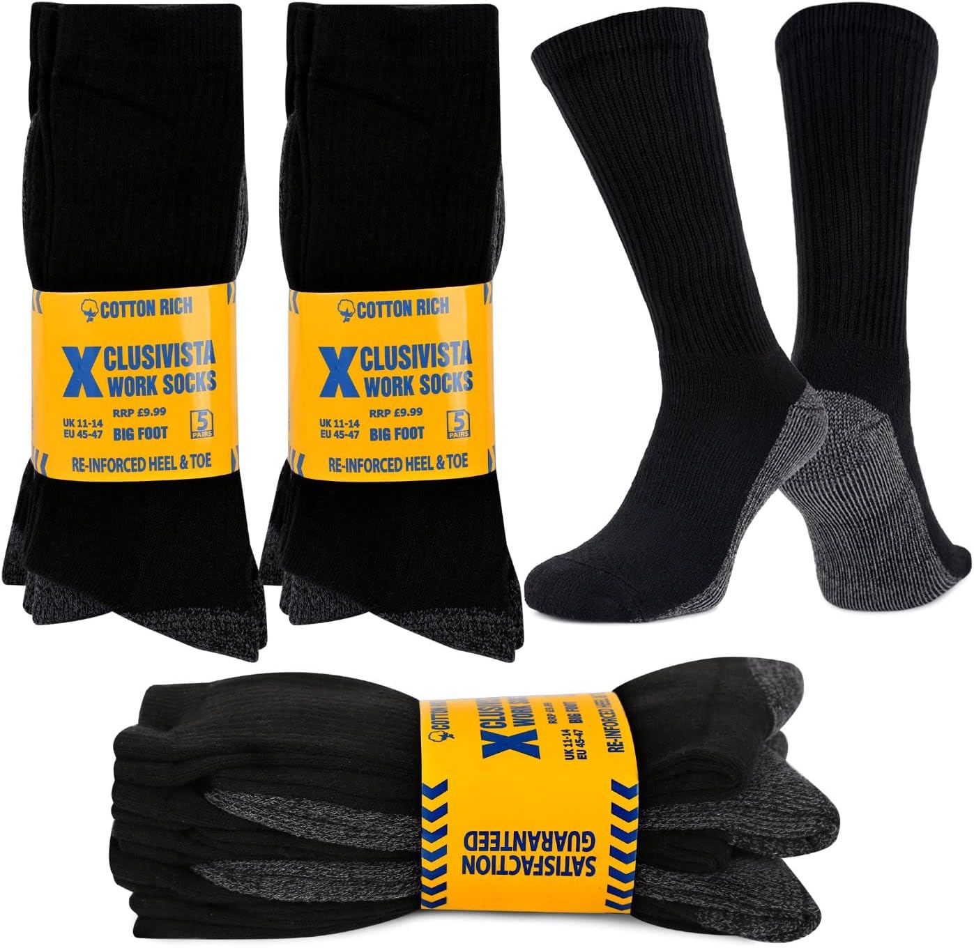 10 Pairs Men's Big Foot Work Socks UK Size 11-14 Pack of Long Boot Full Cushion Force Performance With Reinforced Heel & Toe For All Seasons., Black