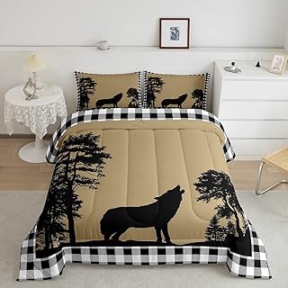 Wolf Silhouette Comforter Set For Boys, Hunting Wildlife Animal Bedding Set For Kids Teens Adult, Black White Buffalo Plaid Quilt Vintage Country Duvet Insert Rustic Farmhouse Decor, Full Size
