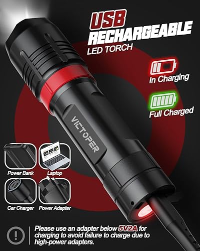 Miniatura 4 de Victoper Rechargeabe - Linterna A1200T (2 unidades, 5 modos, LED, brillantes, tácticas, altos lúmenes, luz de flash impermeable con zoom para