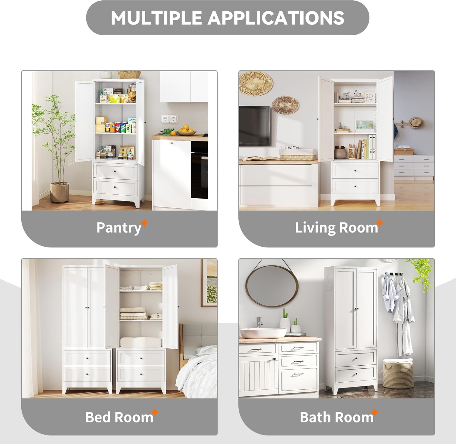 Metal Pantry Cabinet, 72 inch Tall Kitchen Pantry Cabinet, Pantry Storage Cabinet with 2 Adjustable Shelves, 2 Drawers, Utility Cupboard for Kitchen Dining Room Living Room Bathroom, White