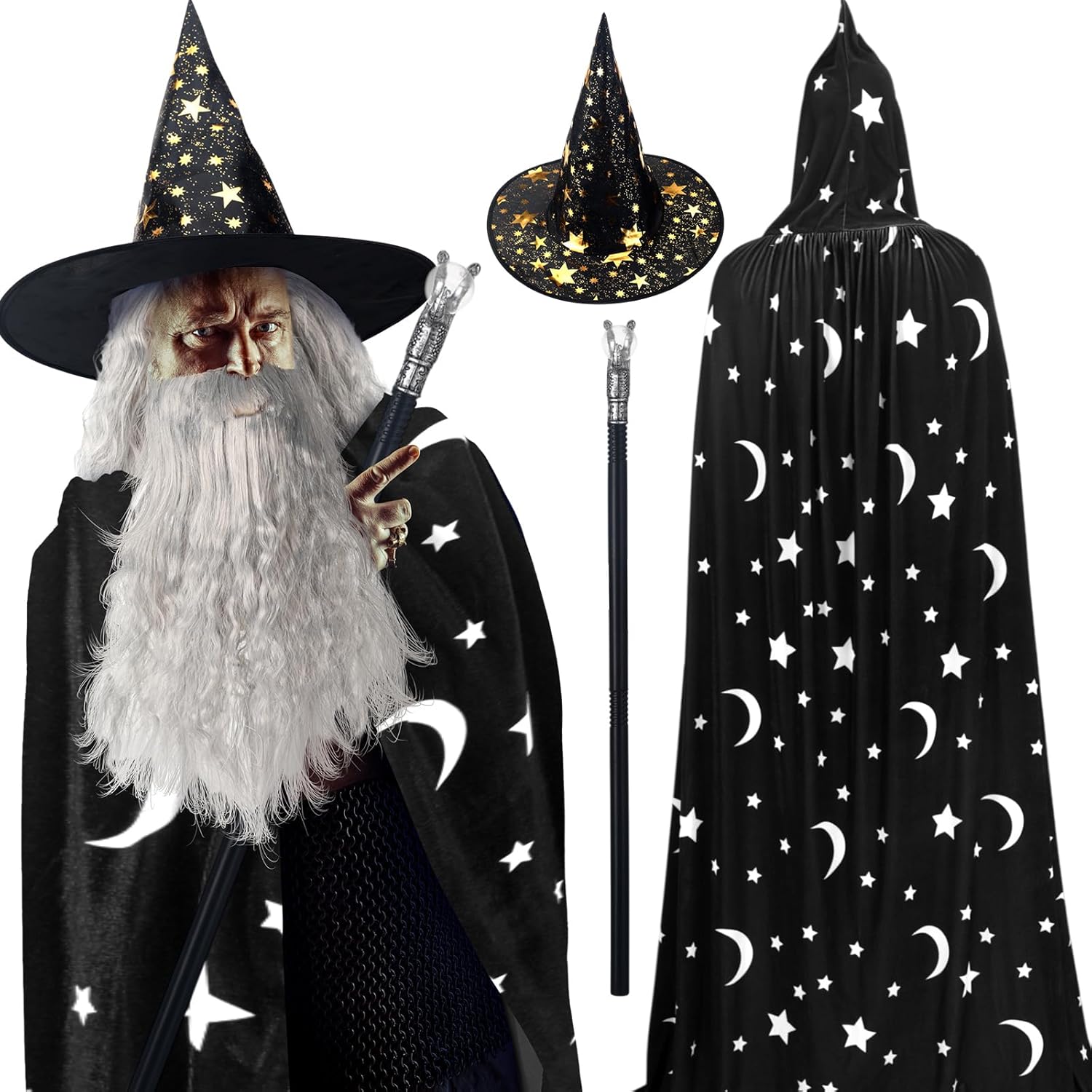 Hicarer 4 Pcs Halloween Wizard Costume Set Include Wizard Hat Cloak Wig Beard Wand Costume Accessories for Adults