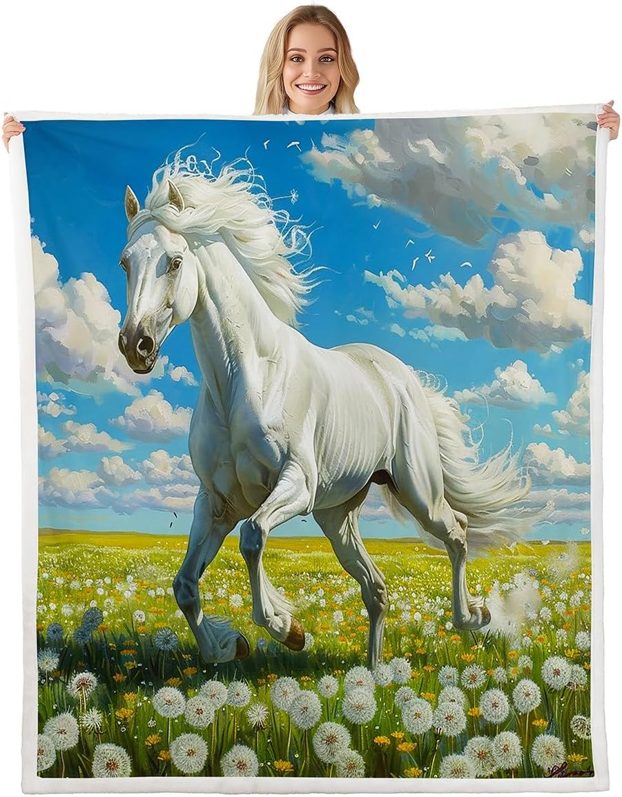 Feelyou Kids Boys Girls Horse Fleece Throw Blanket Cherry Blossom Plush Blanket Horse Sherpa Blanket for Pink Horse Fuzzy Cozy Soft Blanket Twin 60"x80"