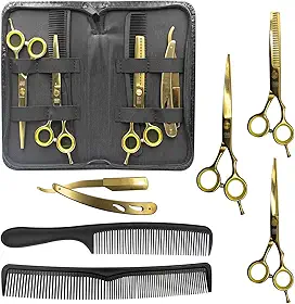 Kit Barbeiro Cabeleireiro Barba Cabelo Profissional com Navalhete Tesouras (Dourado)