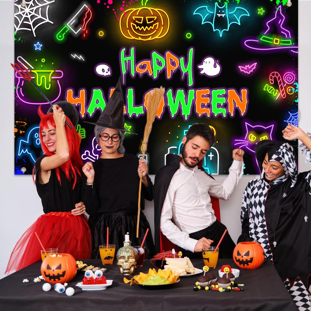 Glow In The Dark Halloween Yard Banner - Neon Pumpkin Bat Skull Ghost Decor, 118x20 Inches