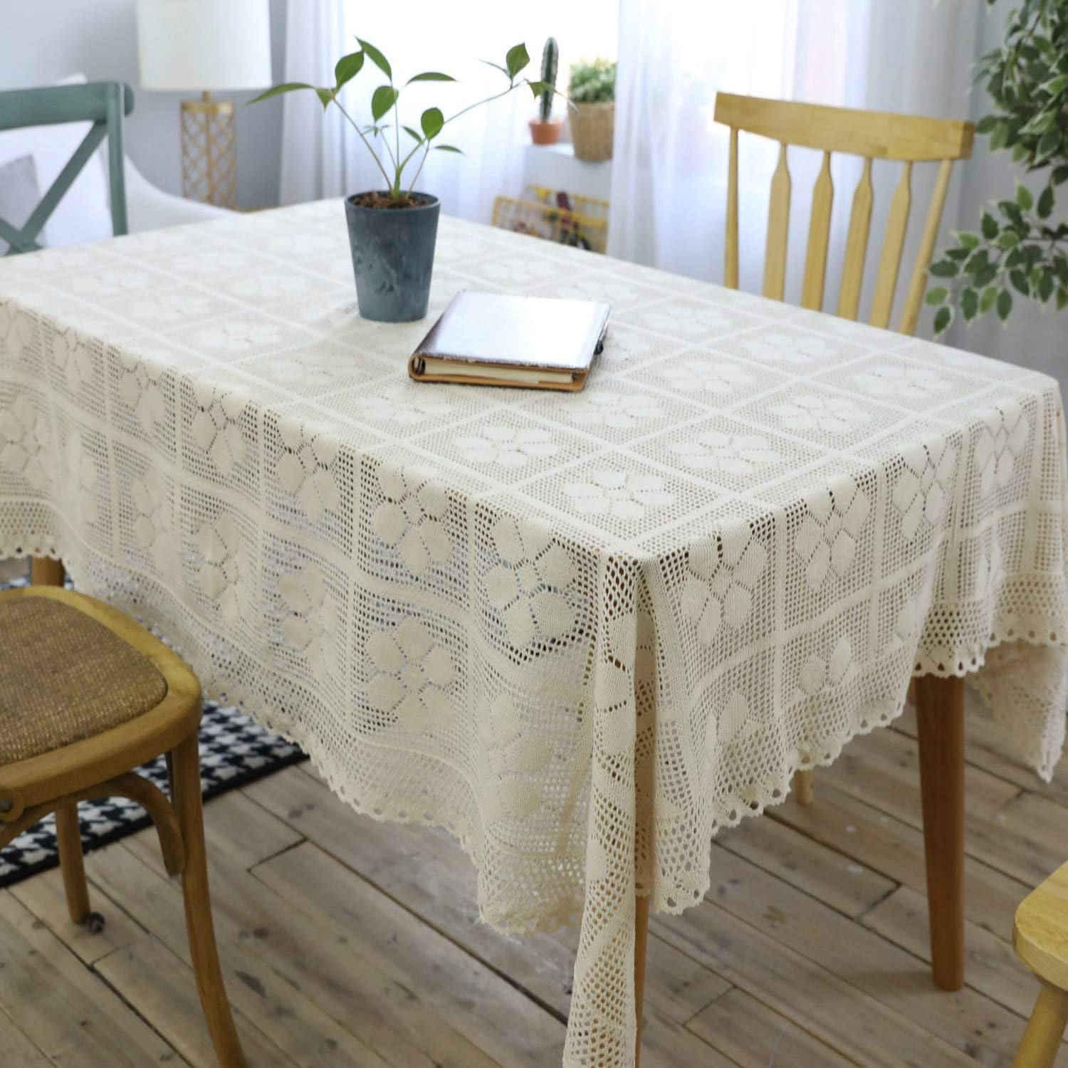 Azerlee Floral Crochet Tablecloth Cotton Lace Table Cloth Rectangular Table Cover for Kitchen Dining Party Wedding Decoration, 55 X 98 Inch