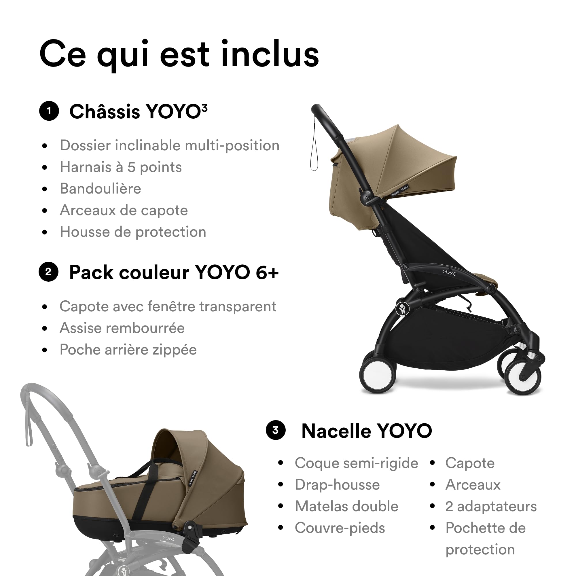 Poussette Stokke YOYO3 avec nacelle nouveau-né et pack couleur 6+ - Comprend un cadre noir, un pack couleur YOYO 6+ (Toffee) et une nacelle nouveau-né (Toffee)