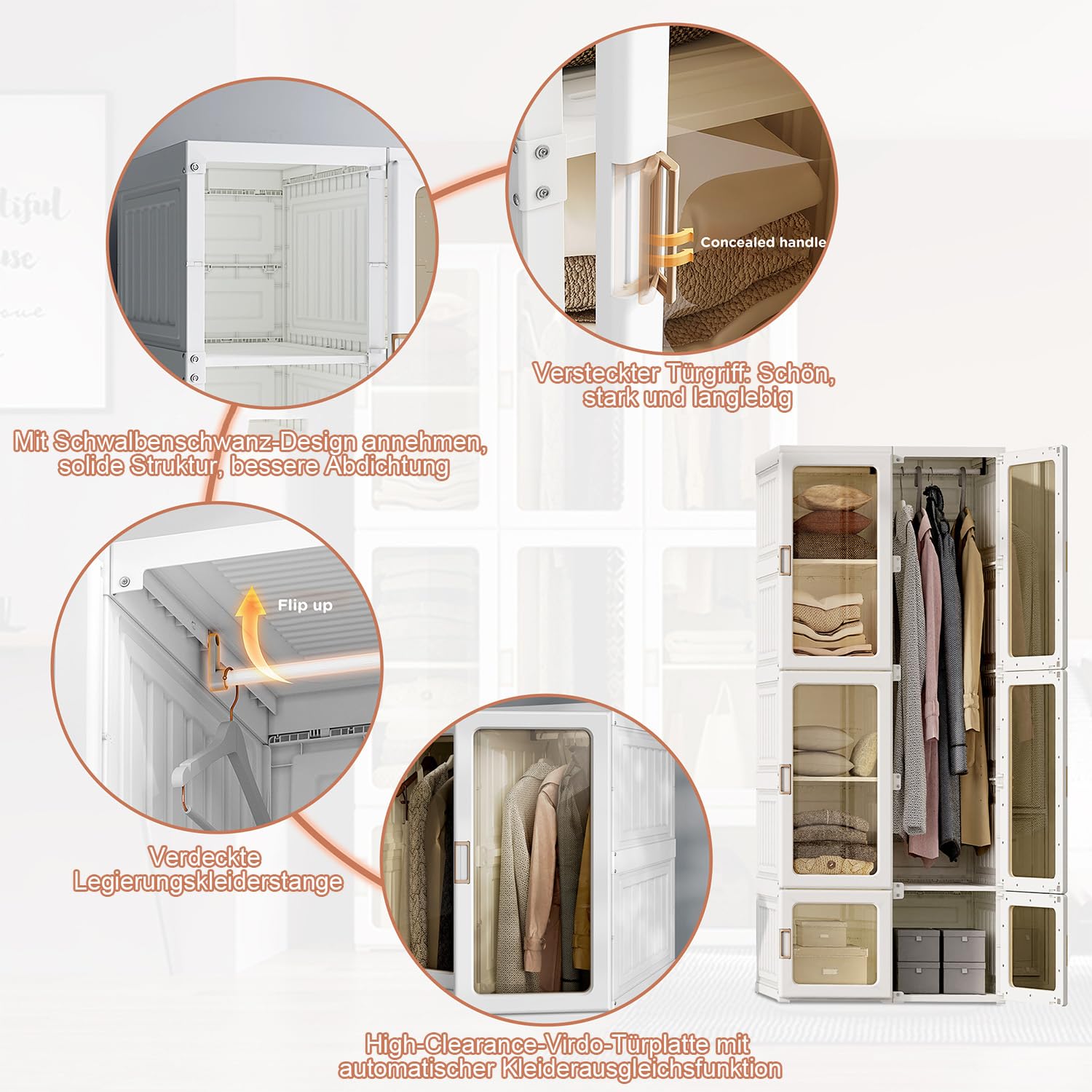 Generisch Kleiderschrank Faltschrank, Tragbarer Schlafzimmerschrank, 170x69x50 cm, Faltbarer Mehrzweckschrank mit magnetischen transparenten Türen, 1 Aufhängestange, für Wohnzimmer Schlafzimmer, weiß