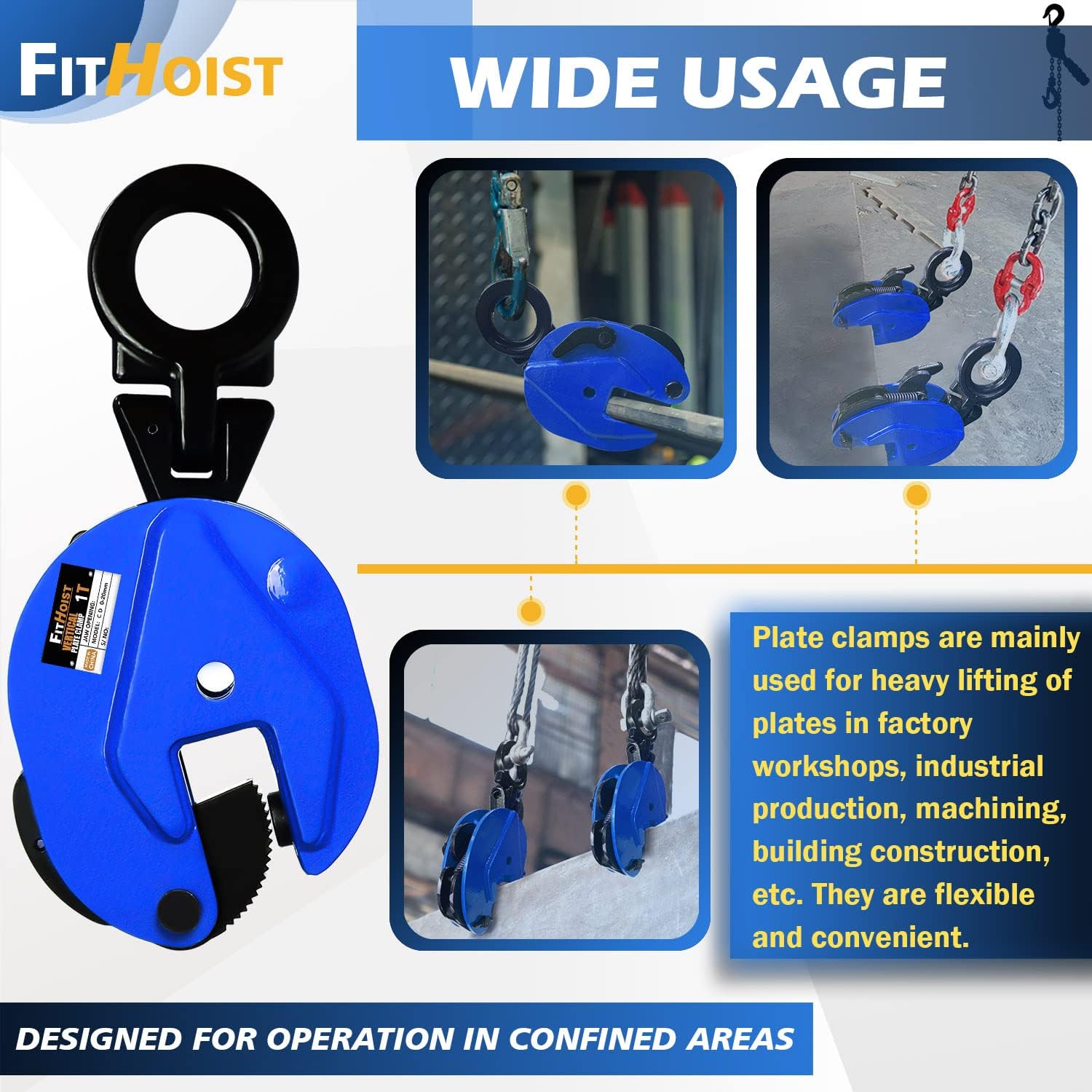 FITHOIST Vertical Plate Clamp 2200Lbs | 1 Ton Load Capacity Lifting Clamp | Jaw Opening 0.6 inch | Heavy Duty Plate Clamp for Lifting and Transporting - - 