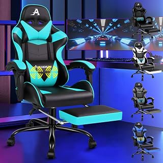 ALFORDSON Silla para Videojuegos, Silla de Escritorio de Oficina ergonómica, Silla de Carreras con Masaje, reposapiés retráctil, Altura Ajustable y reclinable, Capacidad de 180kg, Cuero de PU, Cian