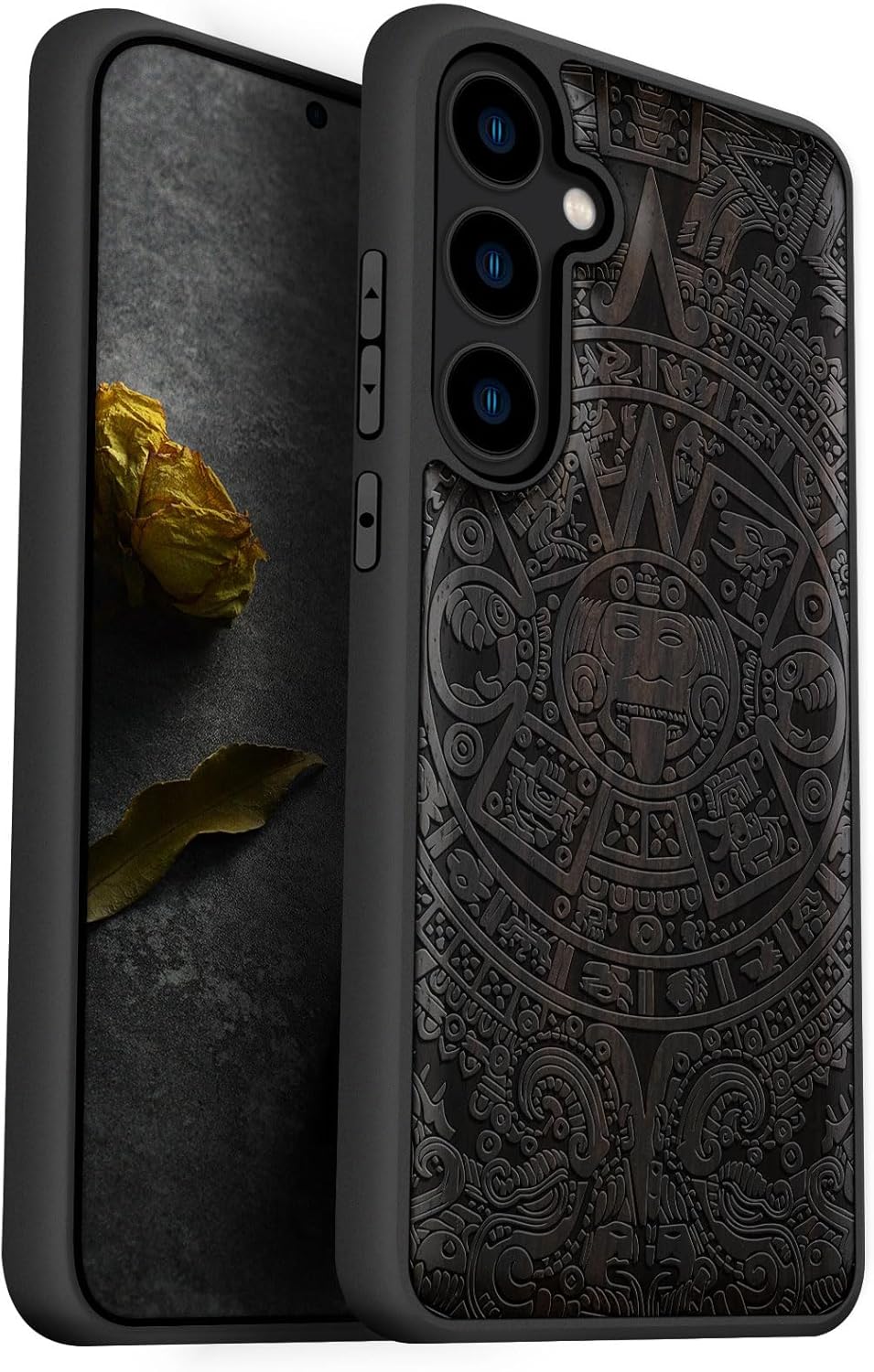 Carveit for Galaxy S24 Case Natural Wood Black Soft TPU Protective Cover Compatible with Samsung S24 Wood Case | Shockproof, Unique Wooden Design, Maya Calendar-Blackwood