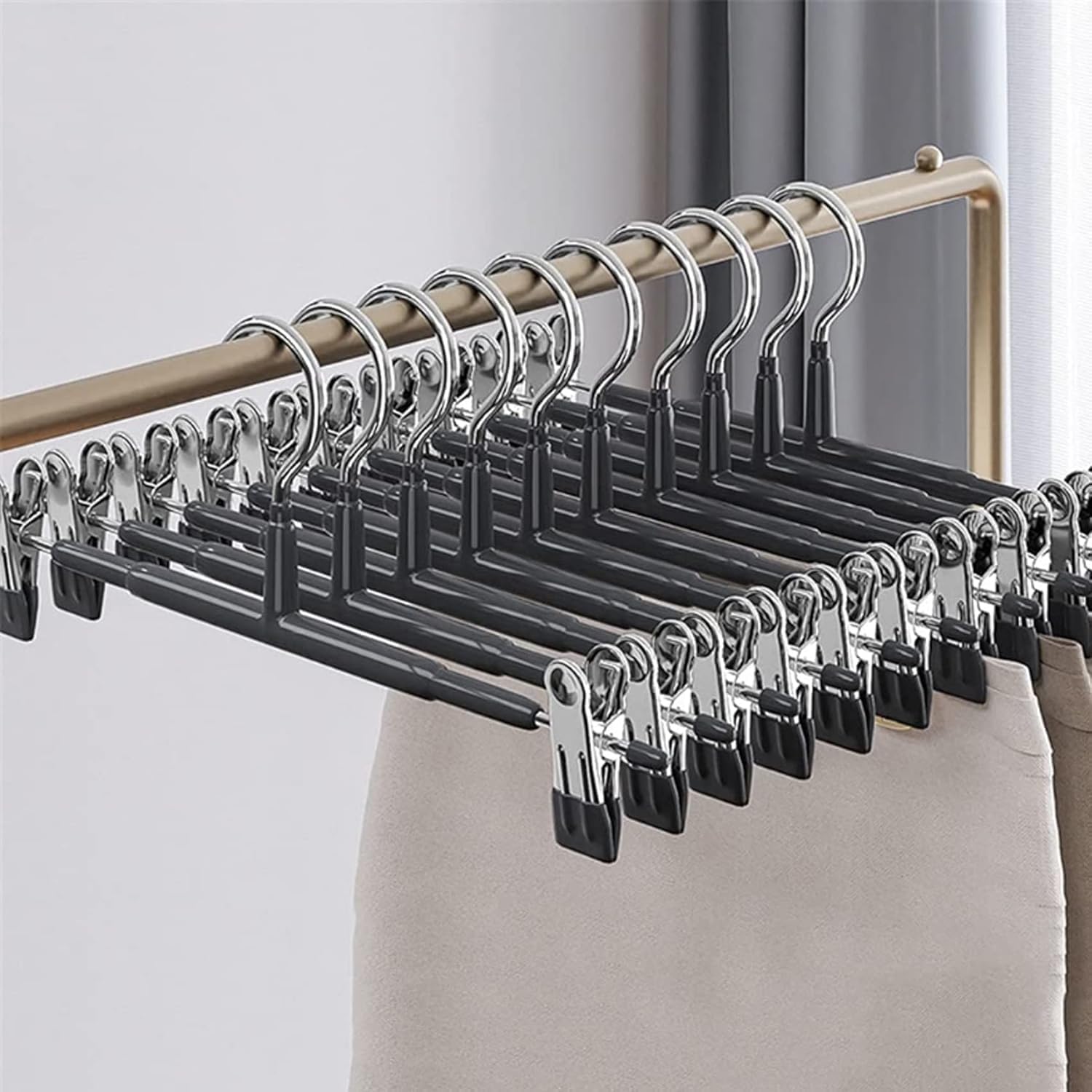 Trouser Hangers Made of Metal, Pack of 10 Clothes Hangers for Trousers, Socks, Skirts, 30 cm, Non-Slip, Chrome-Plated, Skirt Hangers with Clips, High Load Capacity