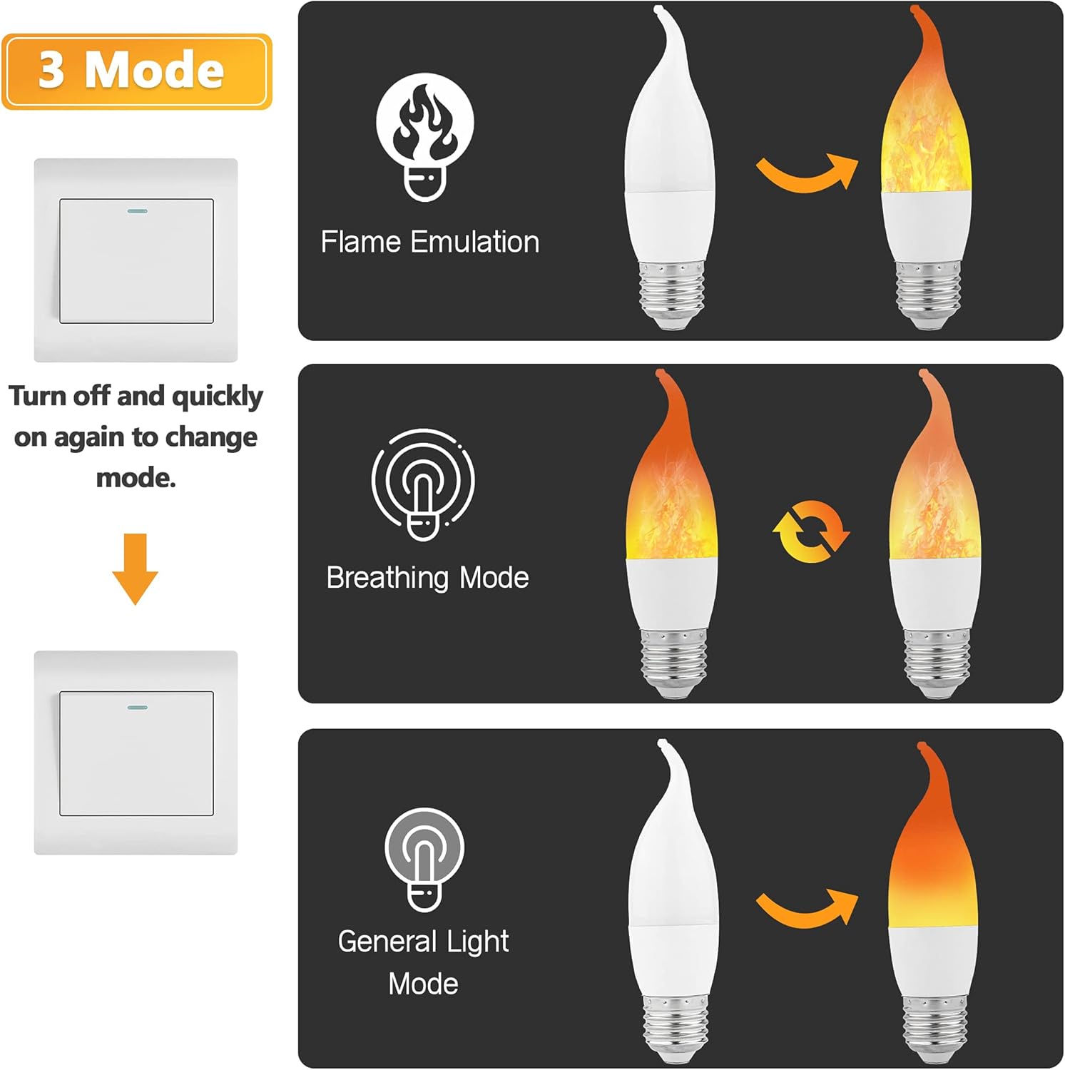 Lpraer 6 Pack E26 LED Flame Effect Light Bulbs 3 Modes Flickering Flame Tip Candelabra Light Bulbs Warm White Chandelier Bulbs for Easter Halloween