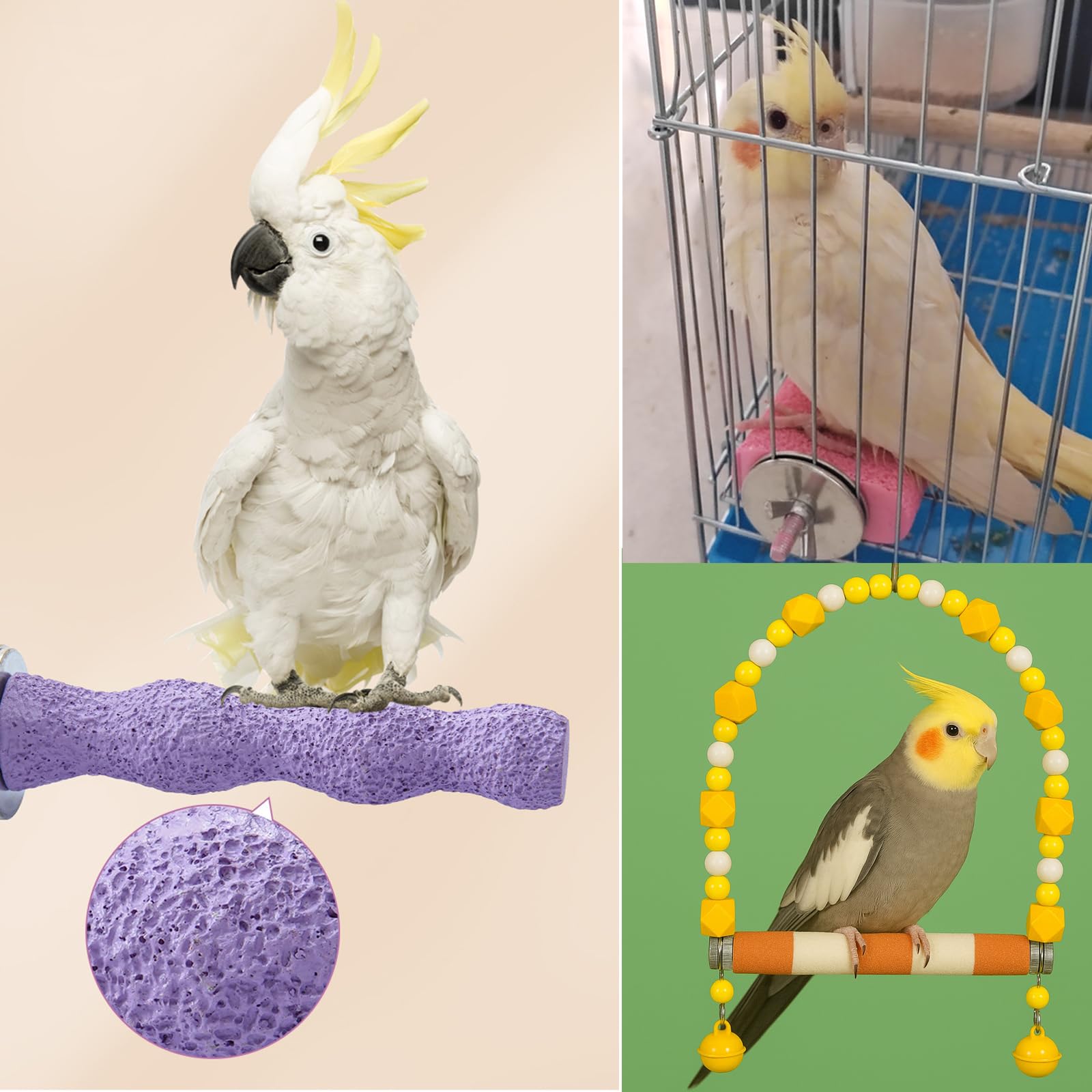 Lot de 5 perchoirs pour oiseaux, bâtons de meulage en calcium pour perroquet, balançoire, tondeuse à pattes pour perruches, calopsittes, petits oiseaux