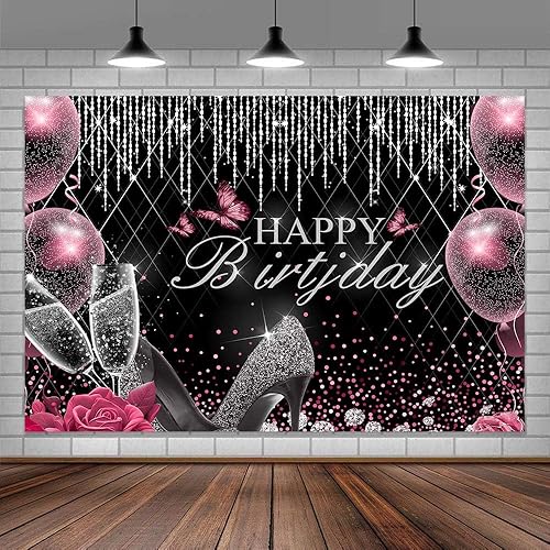 Miniatura 5 de Telón de fondo de feliz cumpleaños para mujer, 7 x 5 pies, color plateado, feliz cumpleaños, niñas, tacones altos, globo con purpurina, color